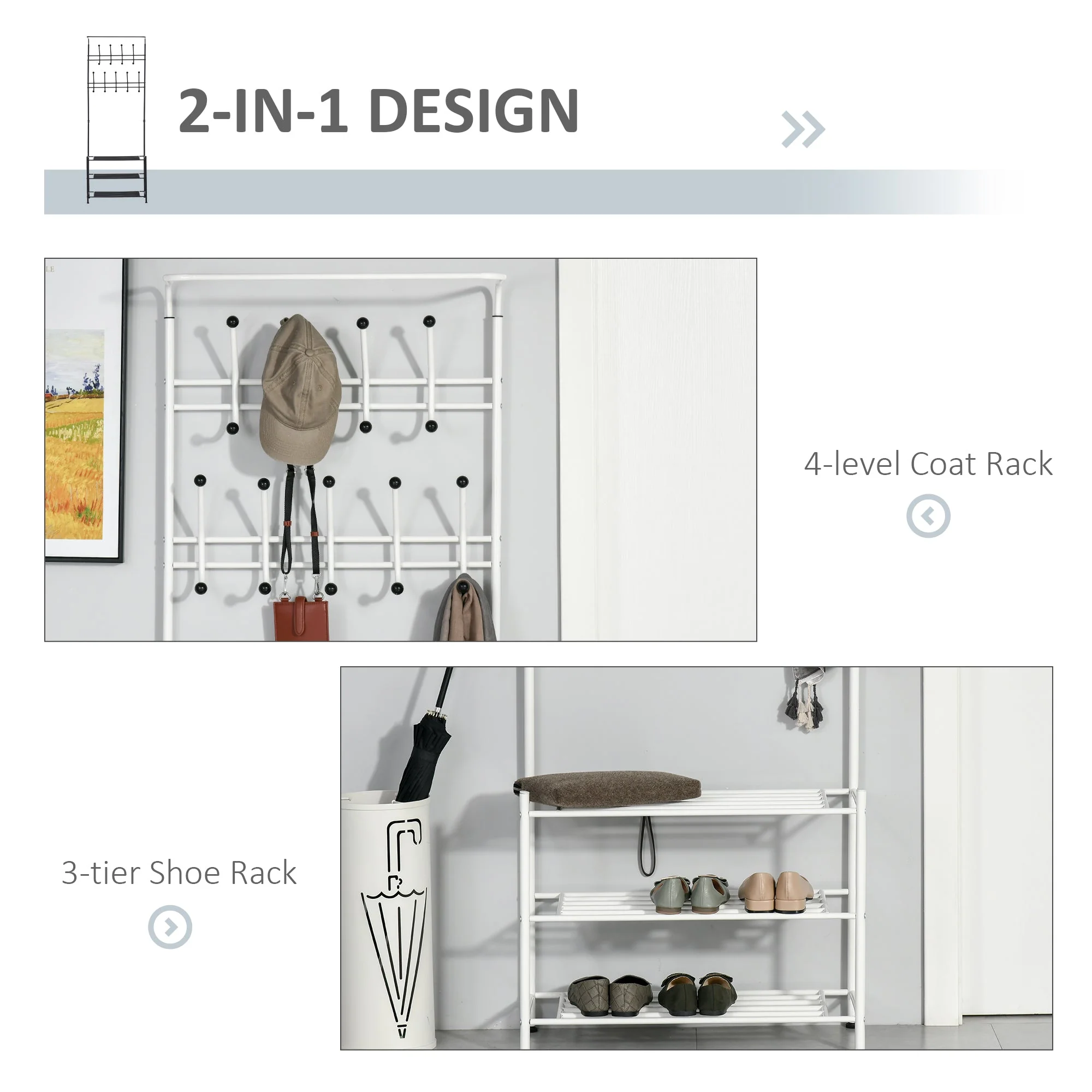 18 Hook Metal Frame Hallway Coat Hanger w/ 3-Tier Shoe Storage White - Image 4