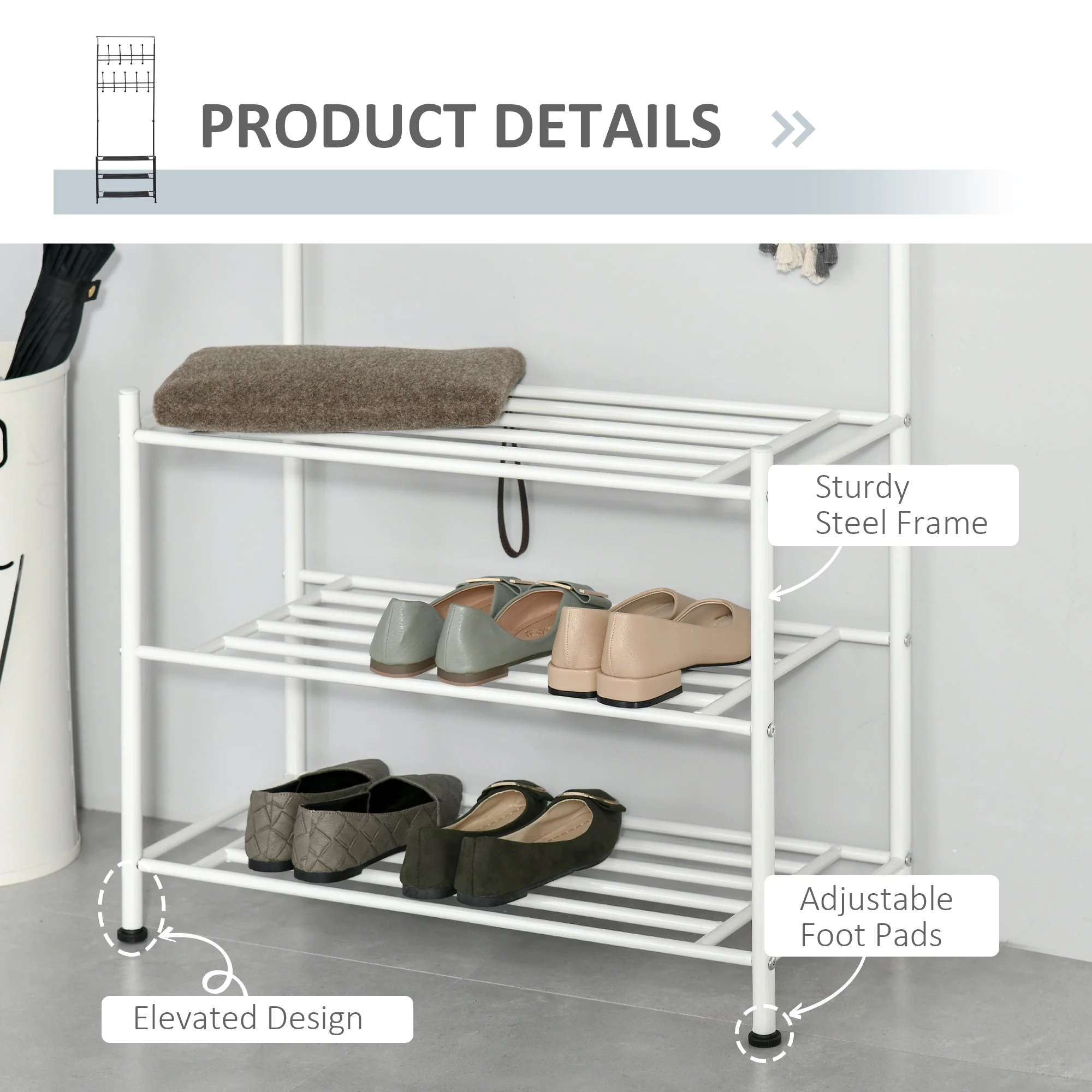 18 Hook Metal Frame Hallway Coat Hanger w/ 3-Tier Shoe Storage White - Image 5