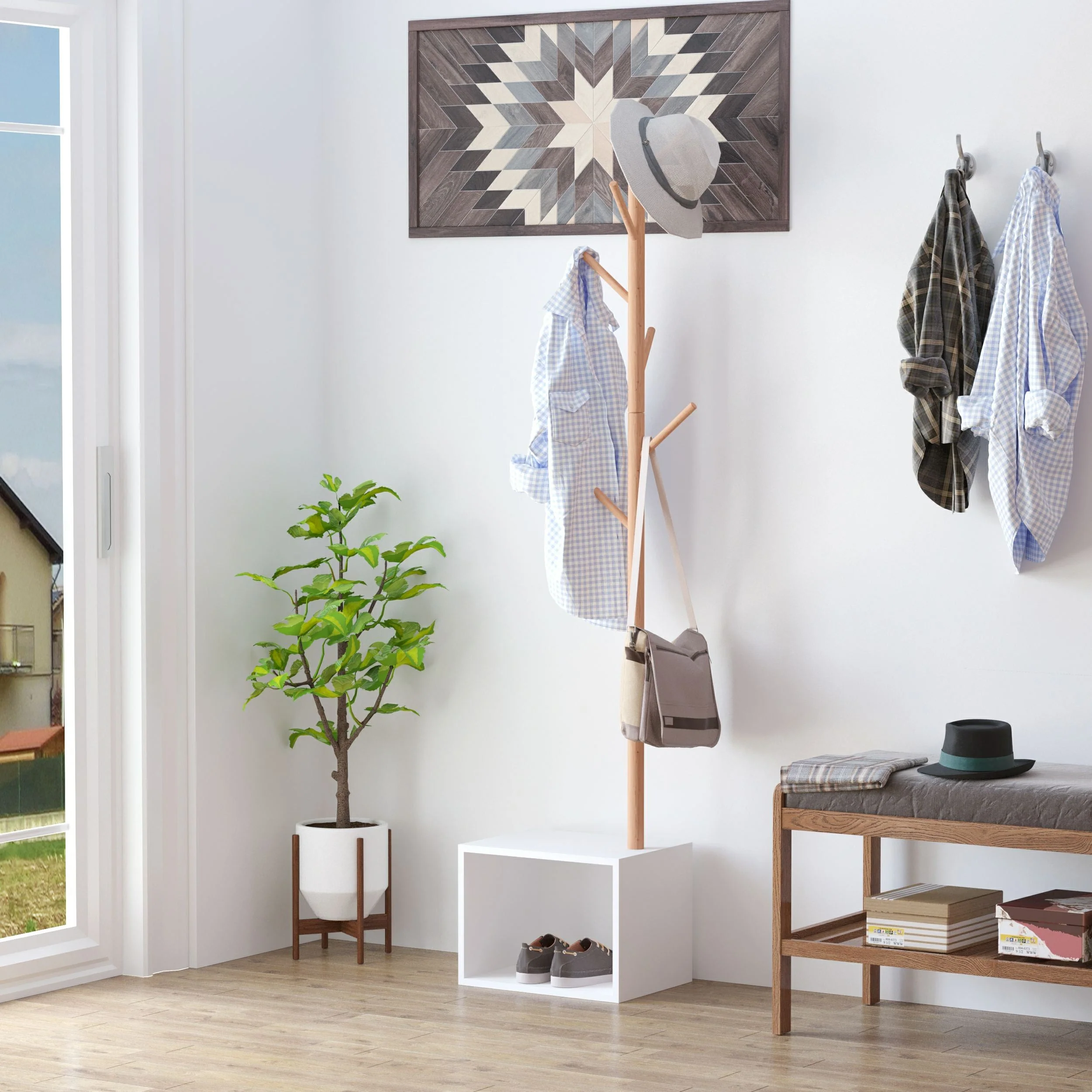 180 cm Hallway Coat Rack Storage Bench Tree Hat Hanger Entryway Stand Garment Organiser Bedroom Living Room - Image 2