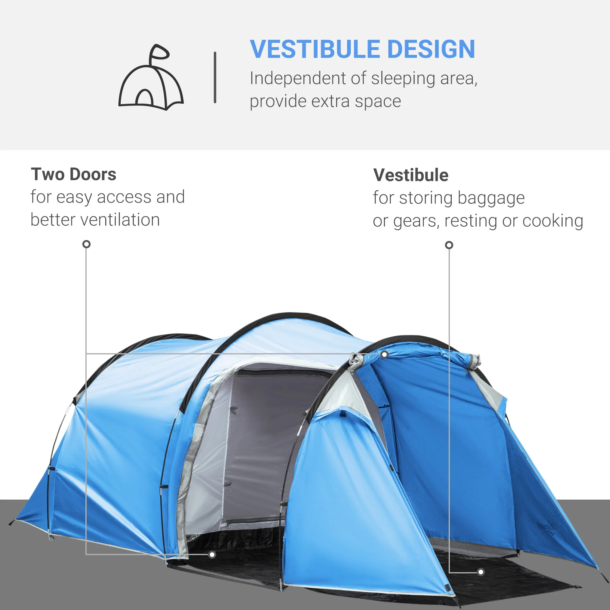 2-3 Man Tunnel Tents w/ Vestibule Camping Tent Porch Air Vents Rainfly Weather-Resistant Shelter Fishing Hiking Festival Shelter Home - Image 4