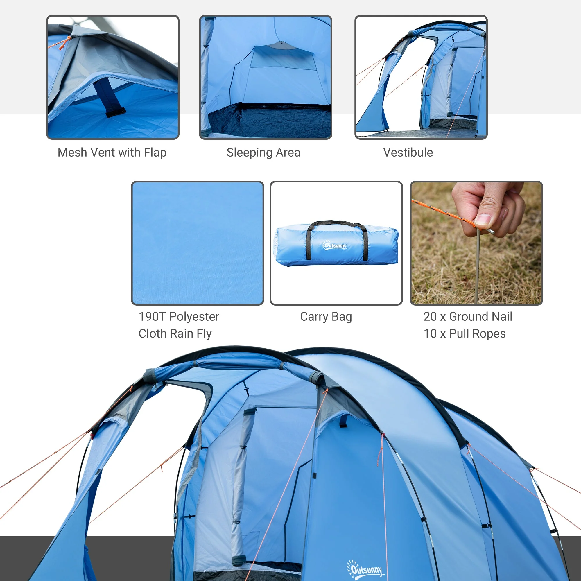 2-3 Man Tunnel Tents w/ Vestibule Camping Tent Porch Air Vents Rainfly Weather-Resistant Shelter Fishing Hiking Festival Shelter Home - Image 4
