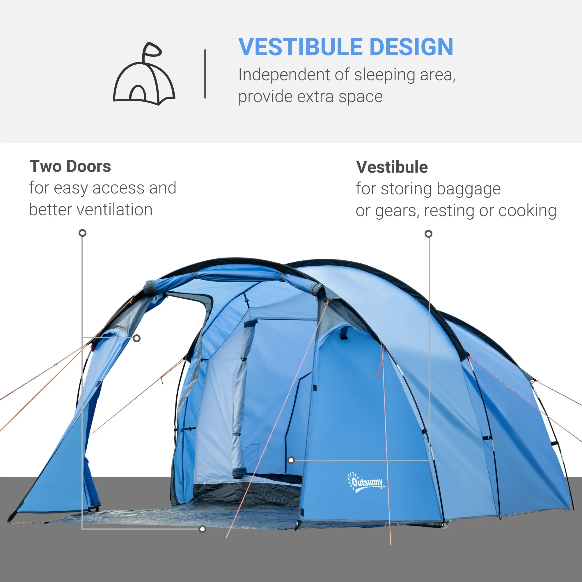 2-3 Man Tunnel Tents w/ Vestibule Camping Tent Porch Air Vents Rainfly Weather-Resistant Shelter Fishing Hiking Festival Shelter Home - Image 5
