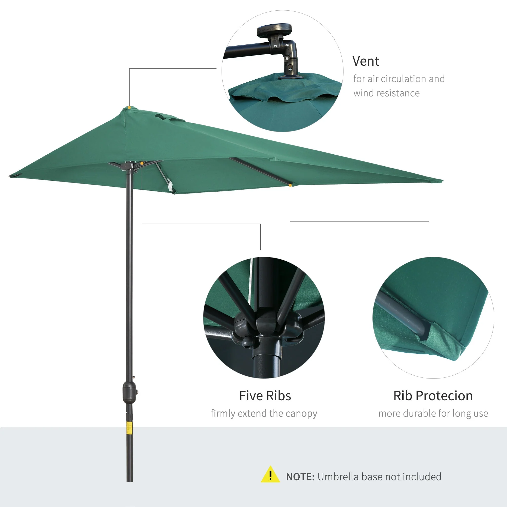 2.3m Half Round Parasol Umbrella Balcony Sun Shade Metal Green - Image 5