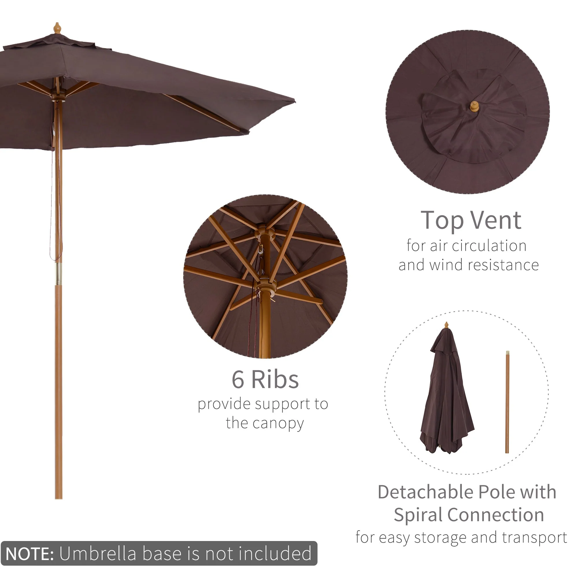 2.5 m Wooden Parasol Sun Shade-Coffee - Image 4