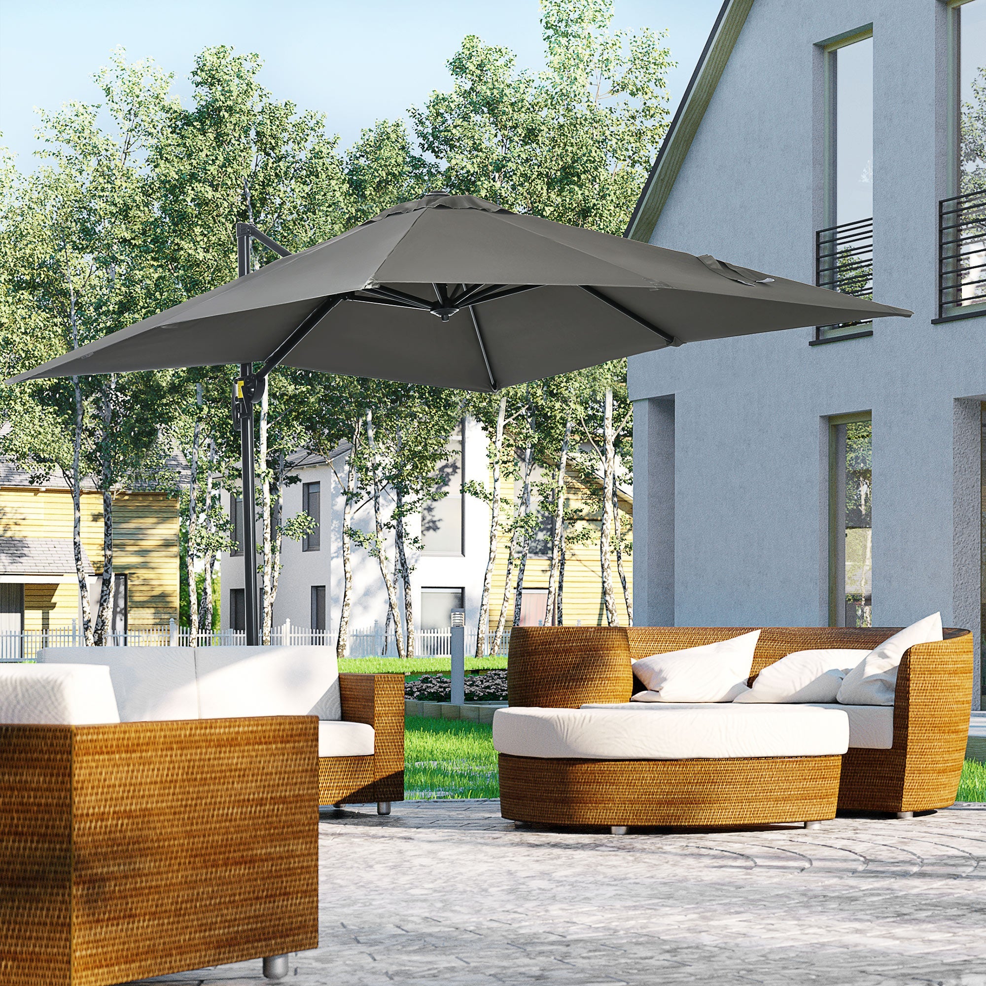 2.5 x 2.5m Patio Offset Parasol Umbrella Cantilever Hanging Aluminium Sun Shade Canopy Shelter 360° Rotation with Crank Handle and Cross Base - Image 2