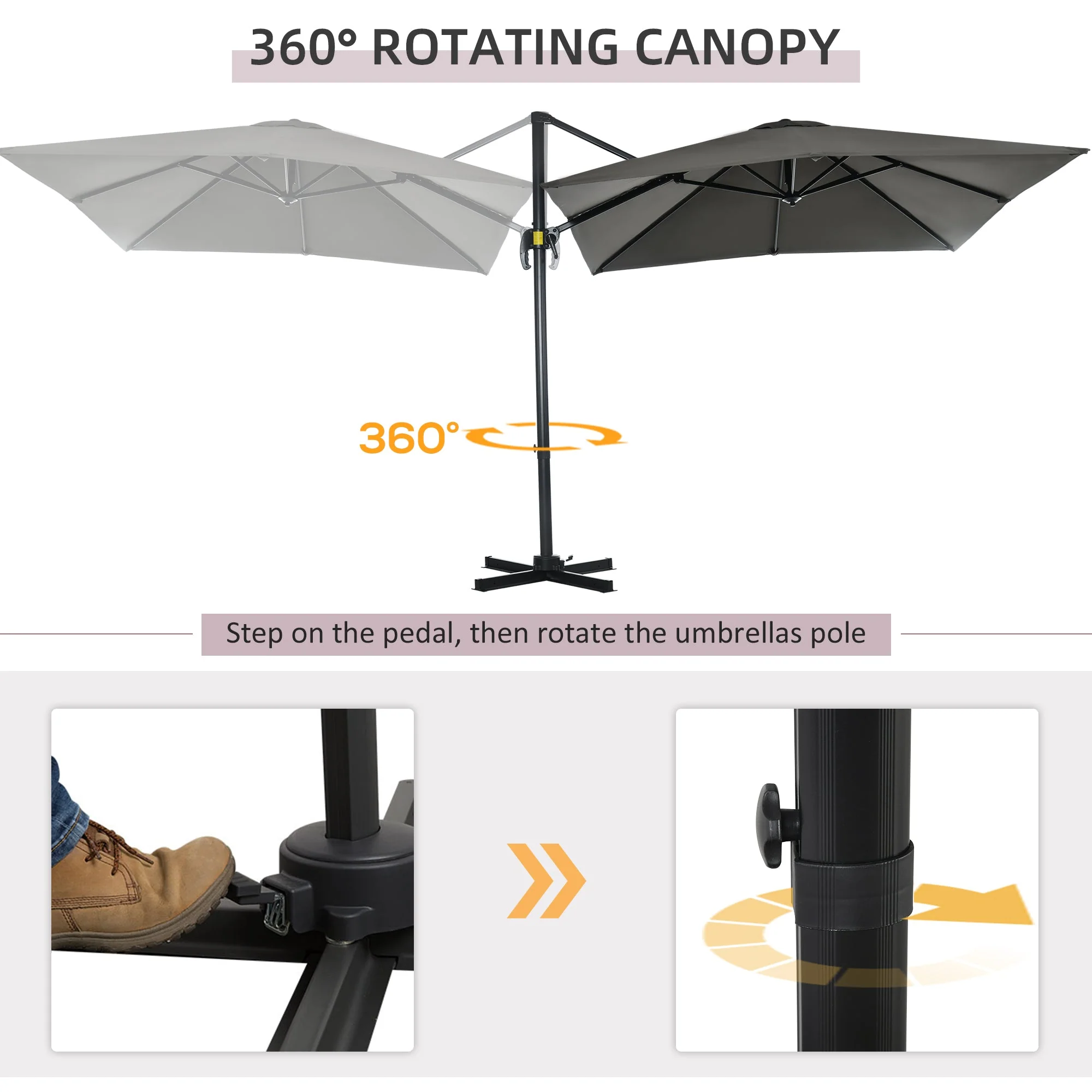 2.5 x 2.5m Patio Offset Parasol Umbrella Cantilever Hanging Aluminium Sun Shade Canopy Shelter 360° Rotation with Crank Handle and Cross Base - Image 4