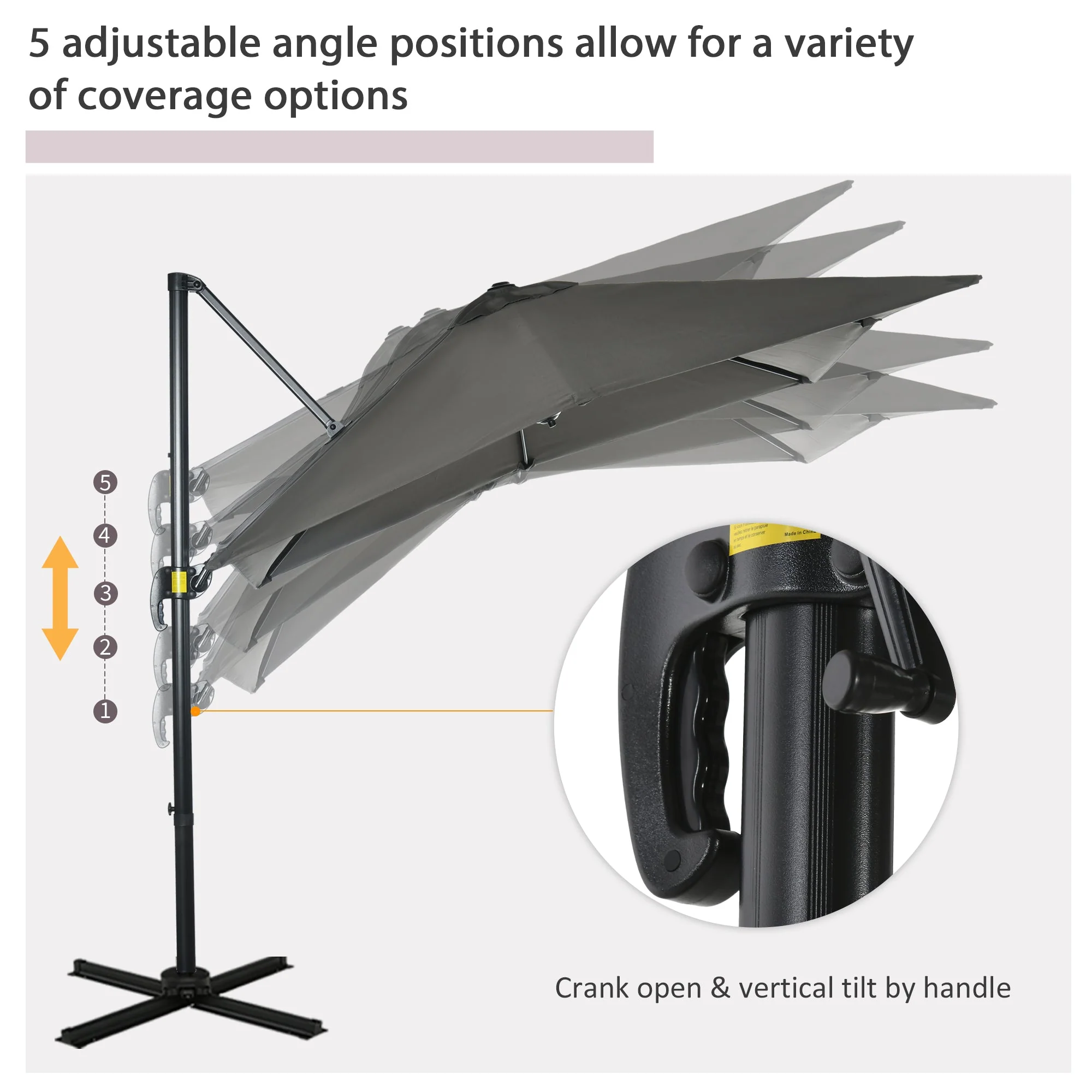2.5 x 2.5m Patio Offset Parasol Umbrella Cantilever Hanging Aluminium Sun Shade Canopy Shelter 360° Rotation with Crank Handle and Cross Base - Image 5