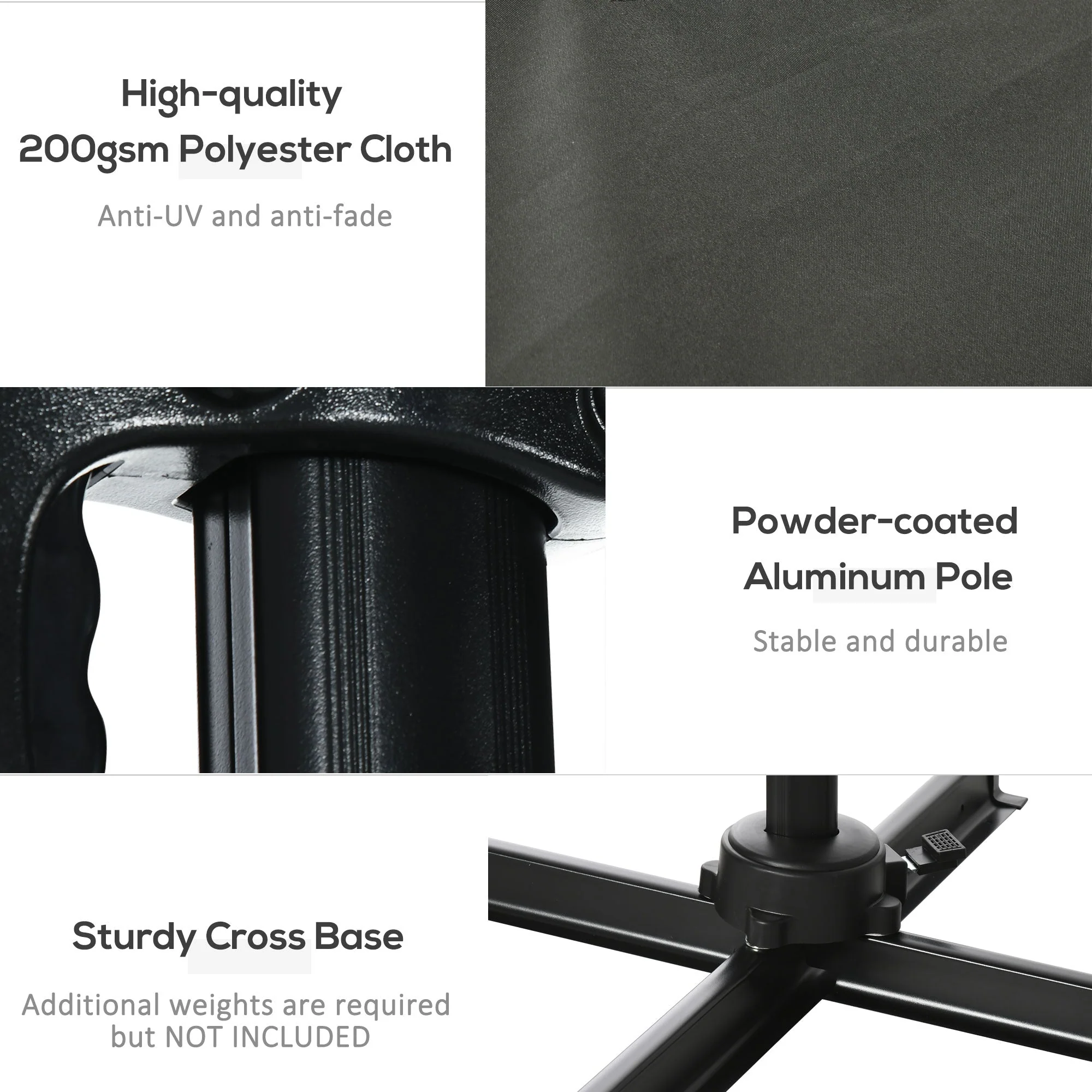 2.5 x 2.5m Patio Offset Parasol Umbrella Cantilever Hanging Aluminium Sun Shade Canopy Shelter 360° Rotation with Crank Handle and Cross Base - Image 7