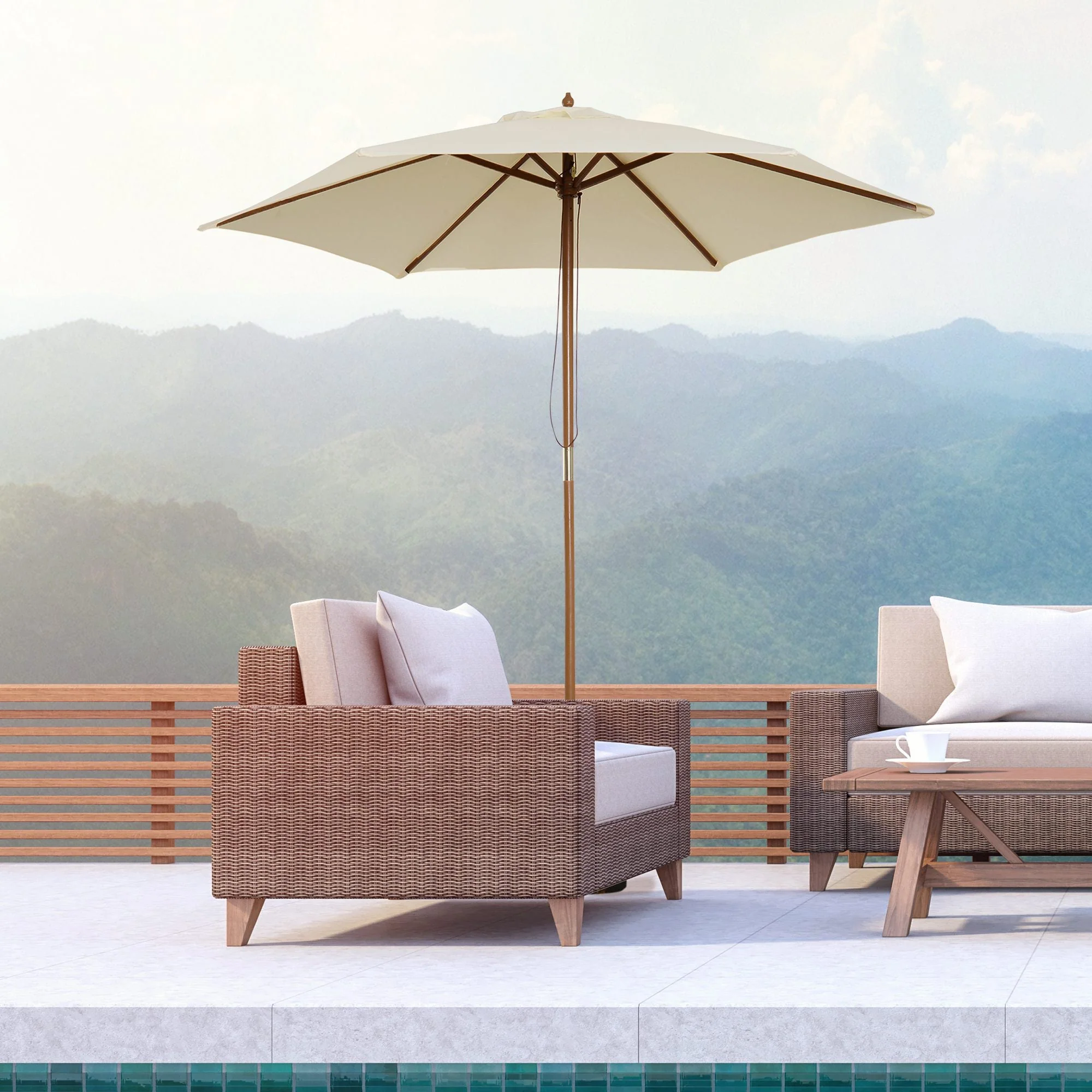 2.5m Wood Garden Parasol Sun Shade Patio Outdoor Wooden Umbrella Canopy Cream White - Image 2