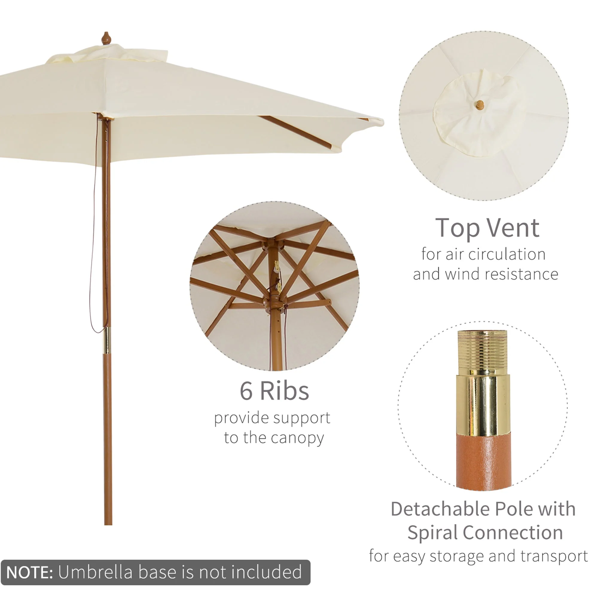 2.5m Wood Garden Parasol Sun Shade Patio Outdoor Wooden Umbrella Canopy Cream White - Image 4