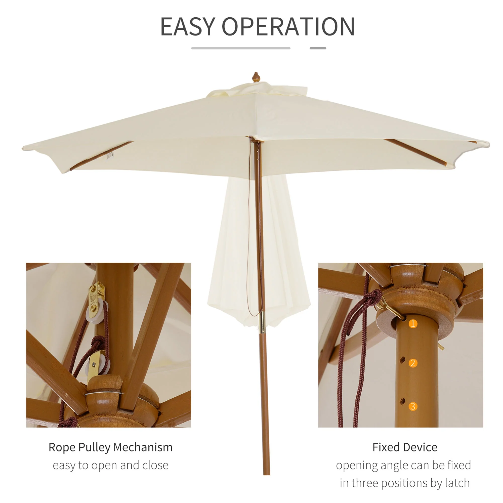 2.5m Wood Garden Parasol Sun Shade Patio Outdoor Wooden Umbrella Canopy Cream White - Image 5
