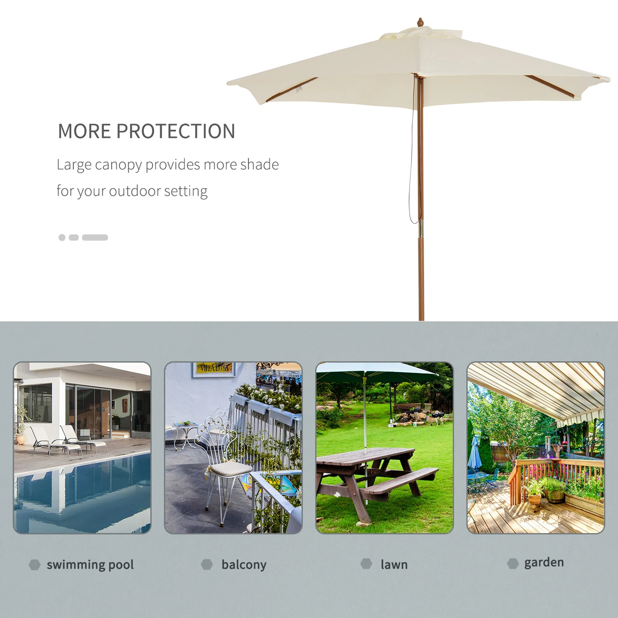 2.5m Wood Garden Parasol Sun Shade Patio Outdoor Wooden Umbrella Canopy Cream White - Image 6