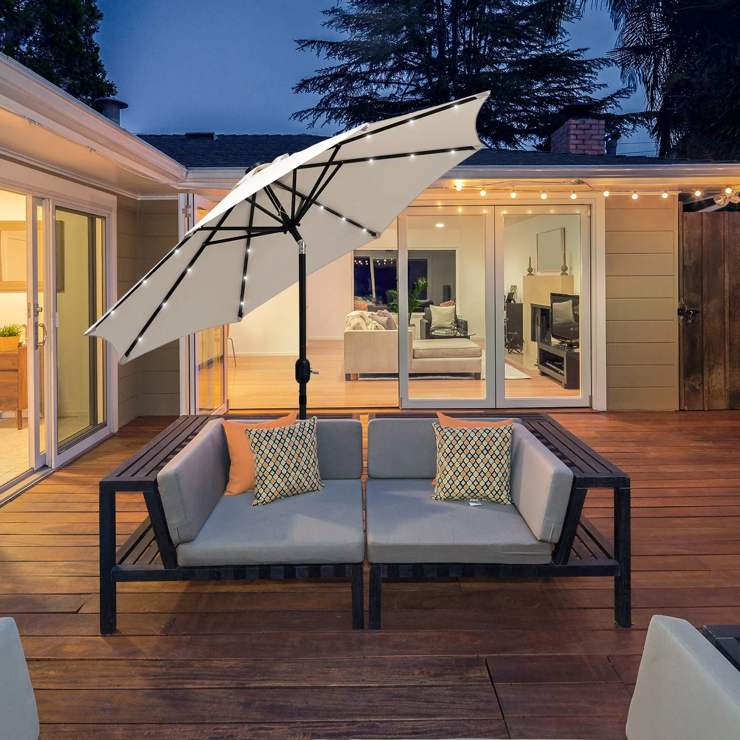 2.67m Patio Garden Umbrella Outdoor Parasol with Tilt Crank and 24 LEDs Lights Cream - Image 2