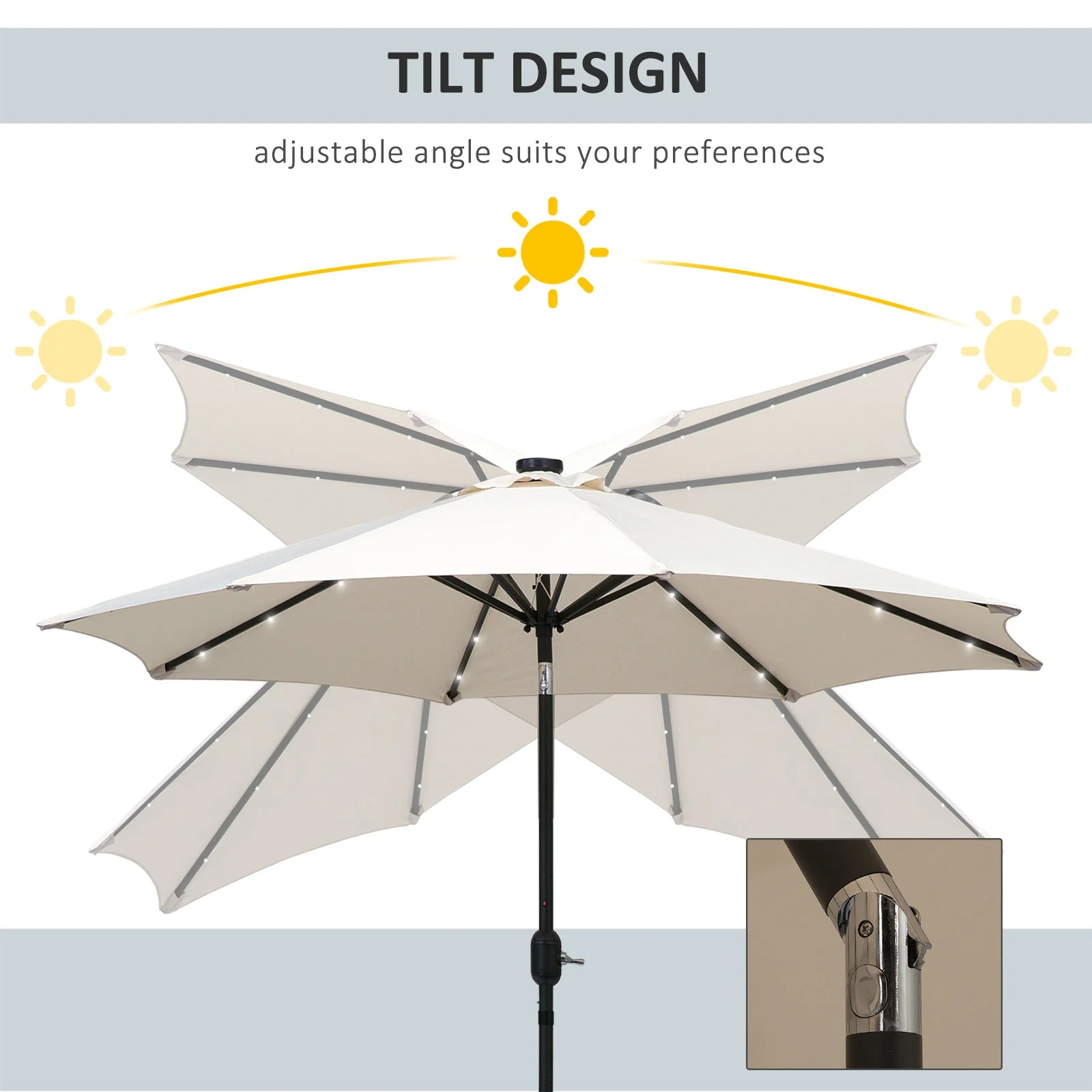 2.67m Patio Garden Umbrella Outdoor Parasol with Tilt Crank and 24 LEDs Lights Cream - Image 4