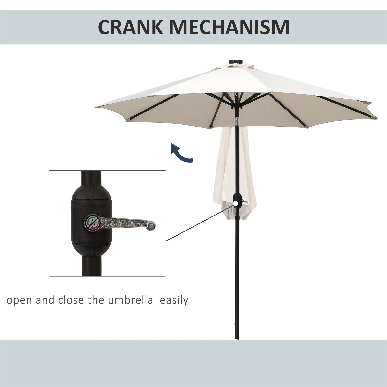2.67m Patio Garden Umbrella Outdoor Parasol with Tilt Crank and 24 LEDs Lights Cream - Image 5