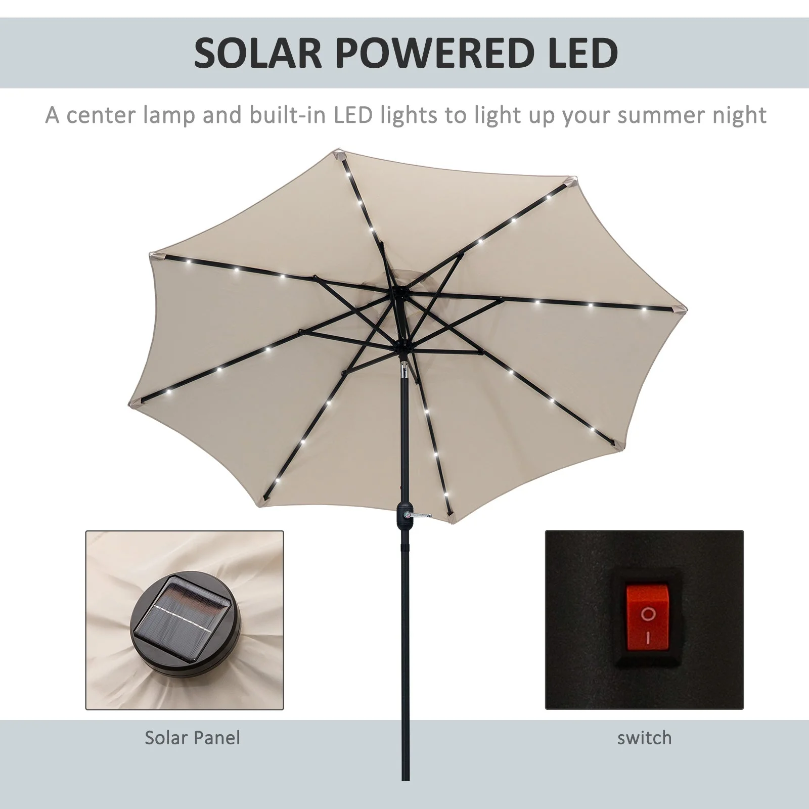 2.67m Patio Garden Umbrella Outdoor Parasol with Tilt Crank and 24 LEDs Lights Cream - Image 6