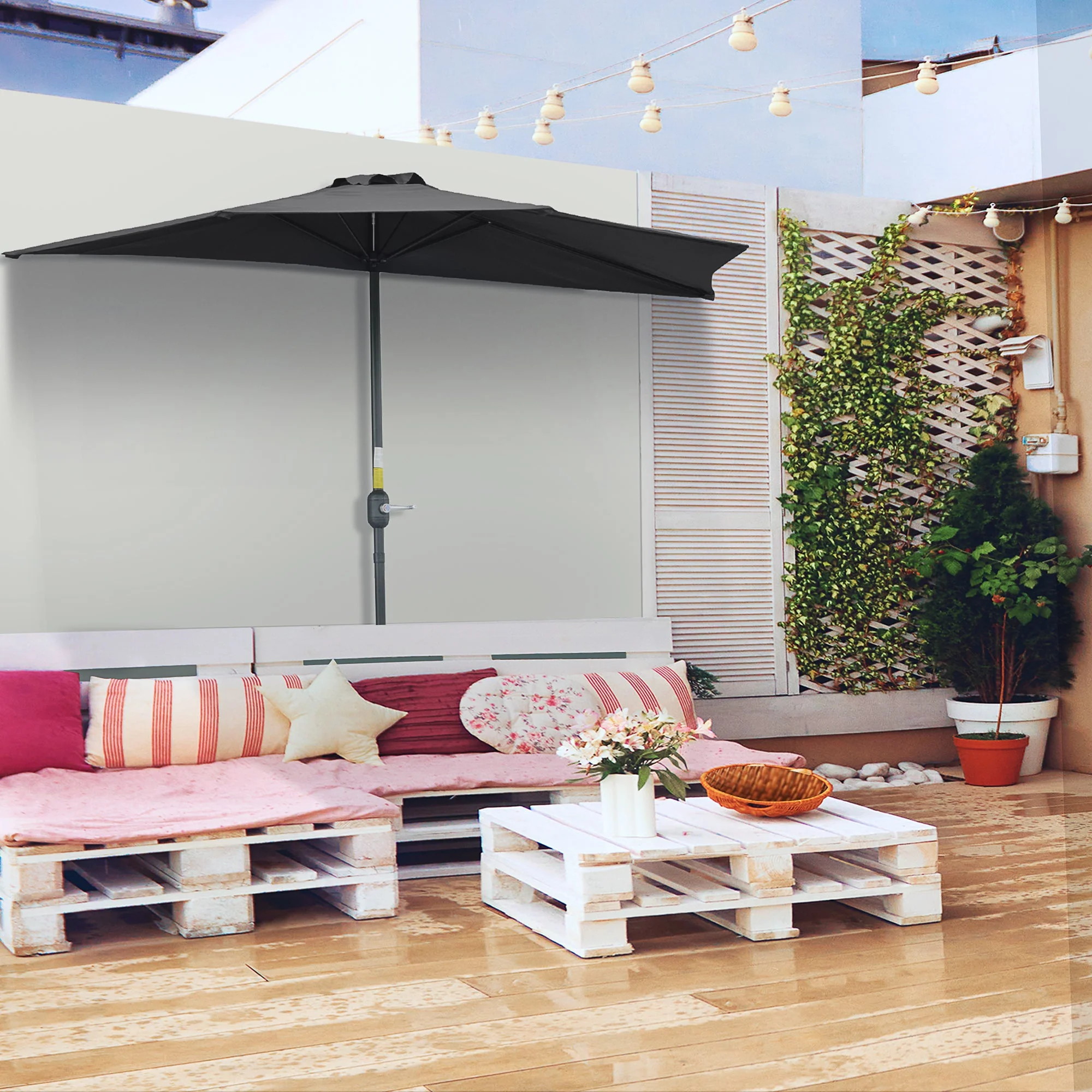 2.7m Balcony Half Parasol 5 Steel Ribs Construction Garden Outdoor Umbrella Black - Image 2