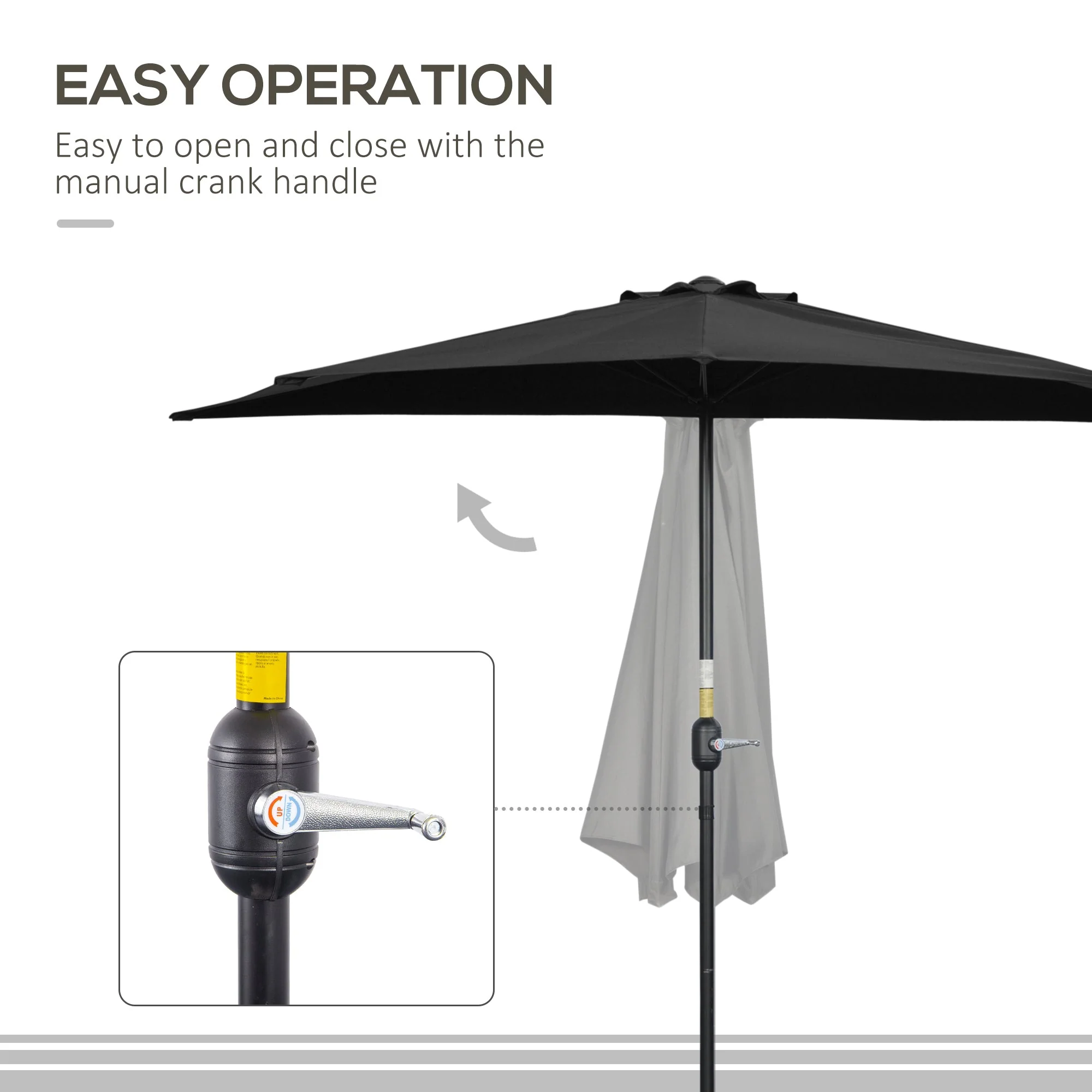2.7m Balcony Half Parasol 5 Steel Ribs Construction Garden Outdoor Umbrella Black - Image 4