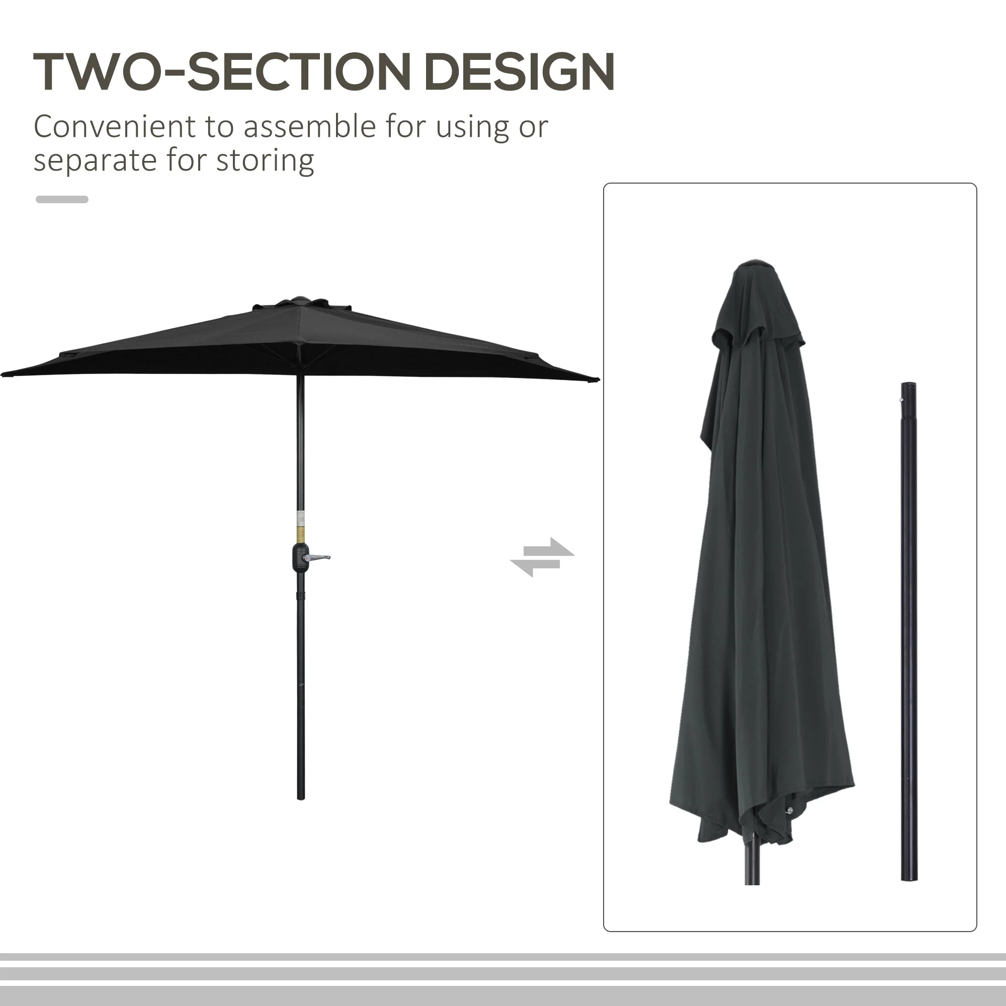 2.7m Balcony Half Parasol 5 Steel Ribs Construction Garden Outdoor Umbrella Black - Image 7