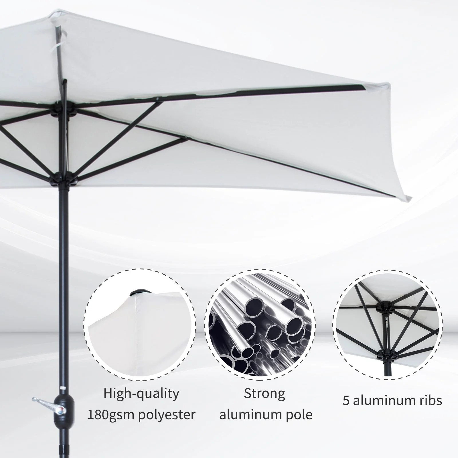 2.7m Balcony Half Parasol 5 Steel Ribs Construction Garden Outdoor Umbrella Cream White - Image 6