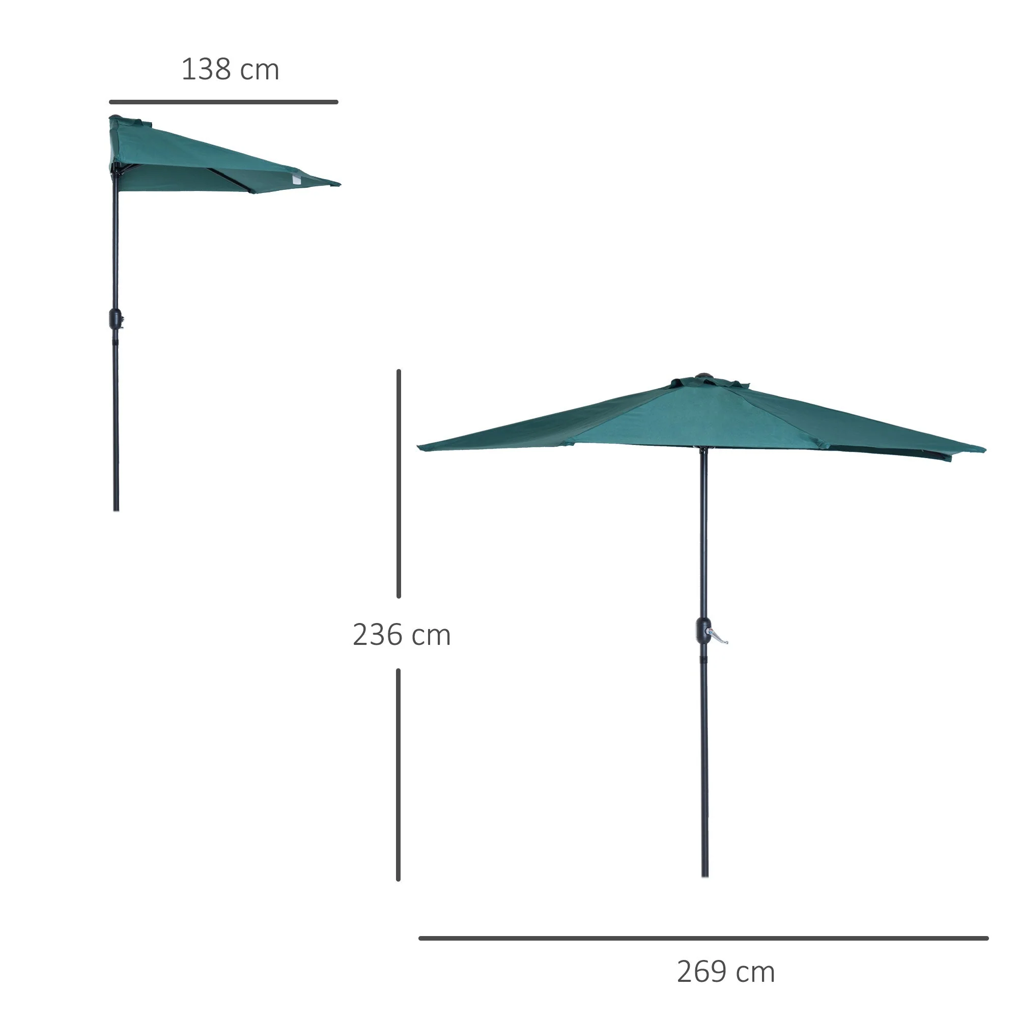 2.7m Balcony Half Parasol 5 Steel Ribs Construction Garden Outdoor Umbrella Green - Image 3