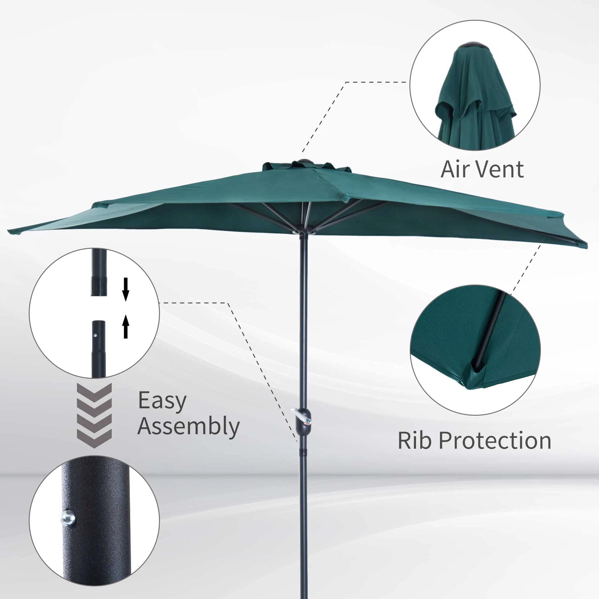 2.7m Balcony Half Parasol 5 Steel Ribs Construction Garden Outdoor Umbrella Green - Image 5