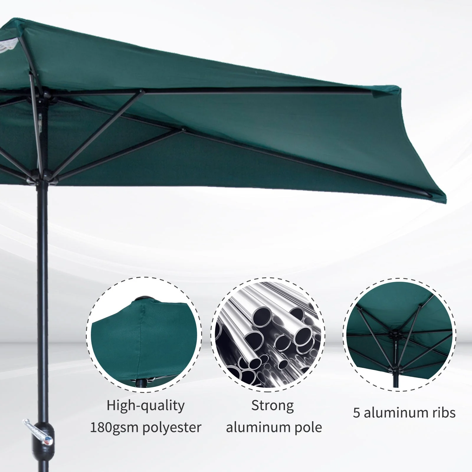 2.7m Balcony Half Parasol 5 Steel Ribs Construction Garden Outdoor Umbrella Green - Image 6