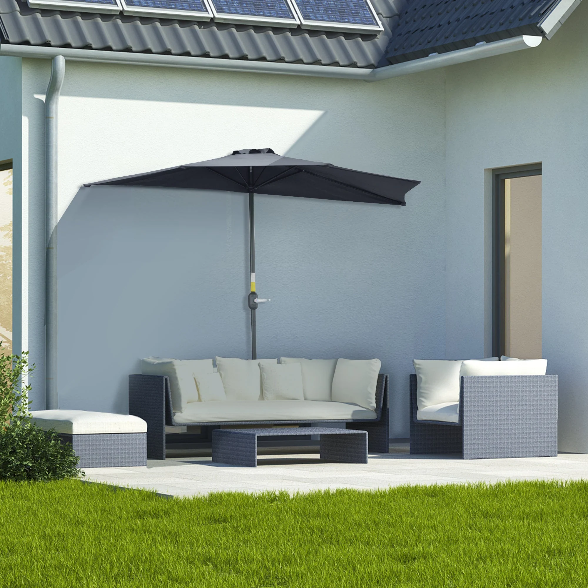 2.7m Balcony Half Parasol 5 Steel Ribs Construction Garden Outdoor Umbrella Grey - Image 2