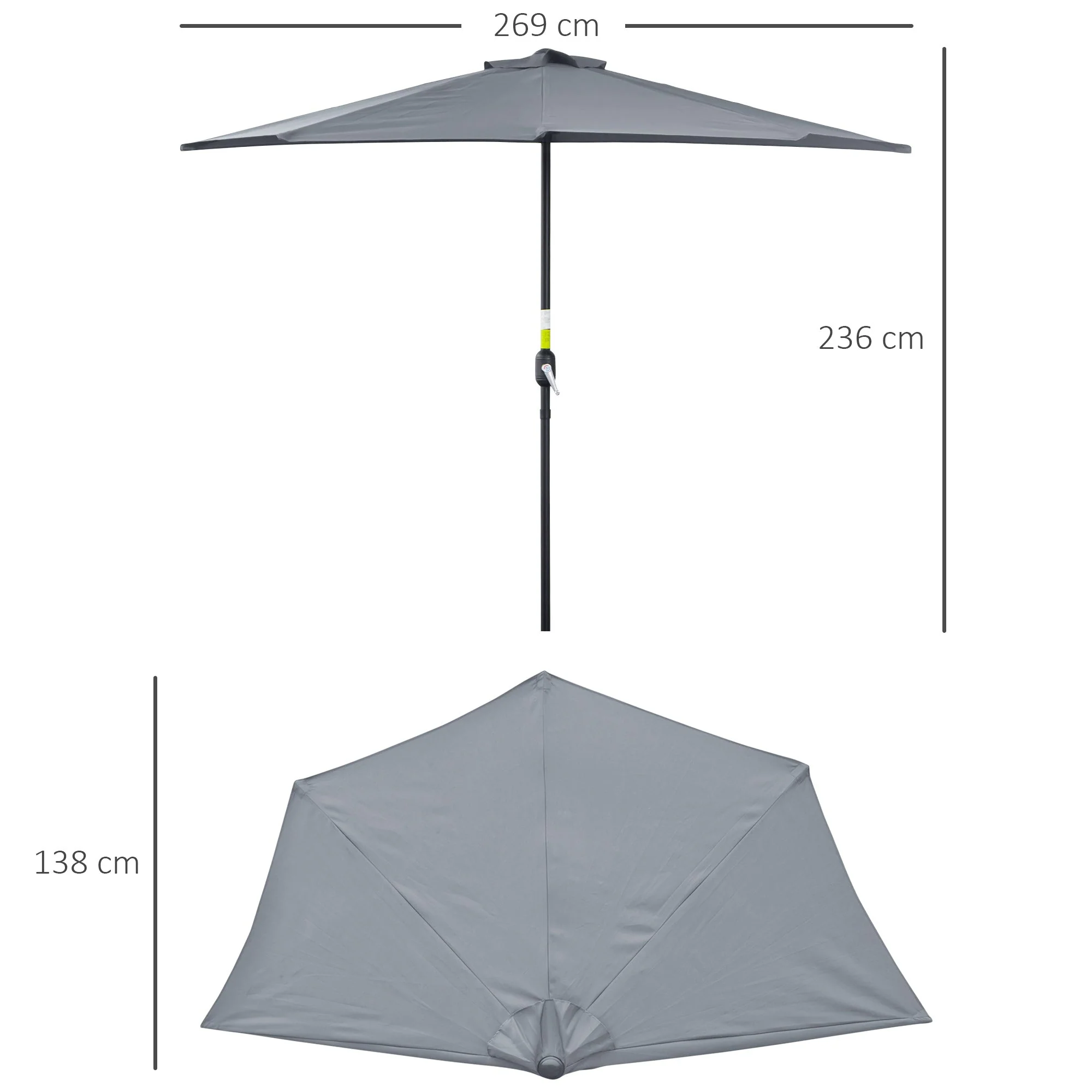 2.7m Balcony Half Parasol 5 Steel Ribs Construction Garden Outdoor Umbrella Grey - Image 3