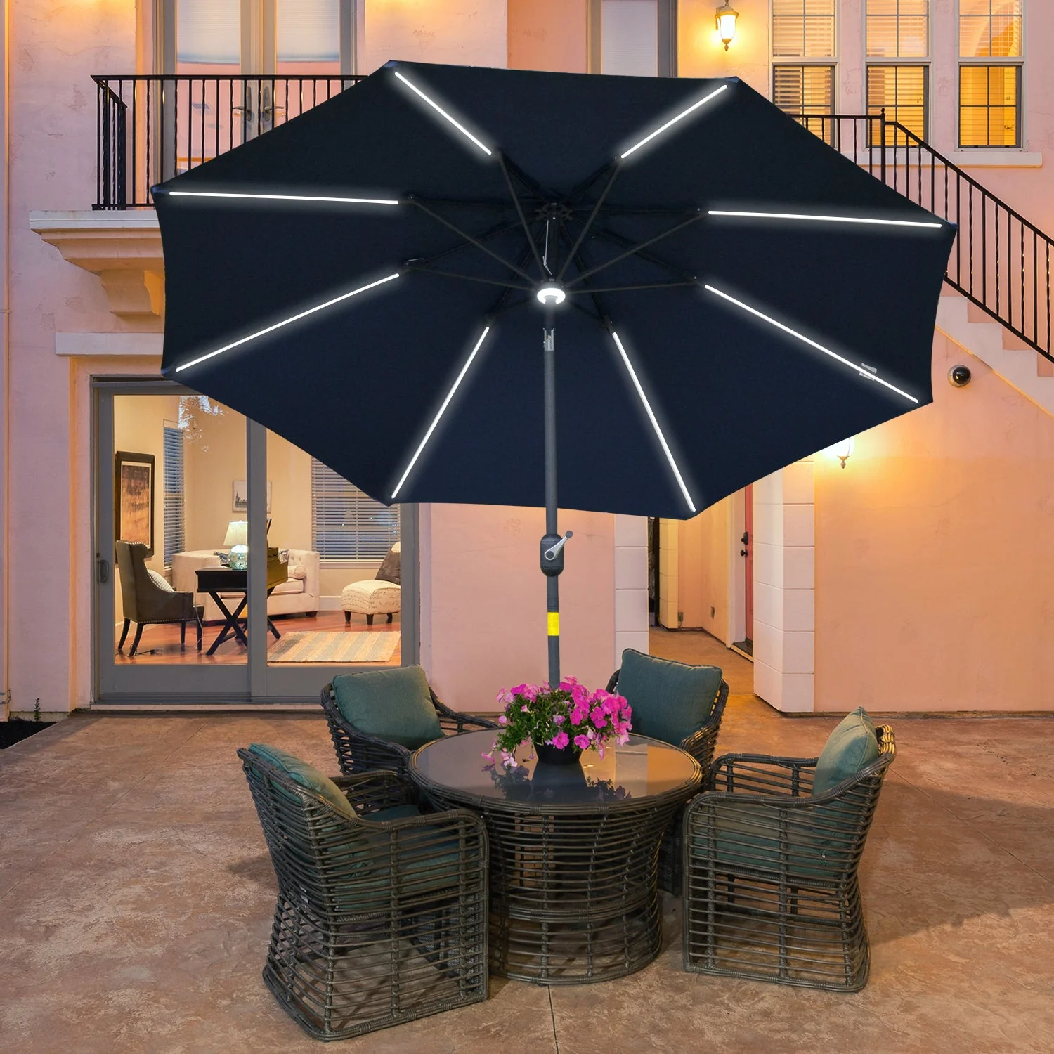 2.7m Garden Parasol Sun Umbrella w/ LED Solar Light Angled Canopy Blue - Image 2