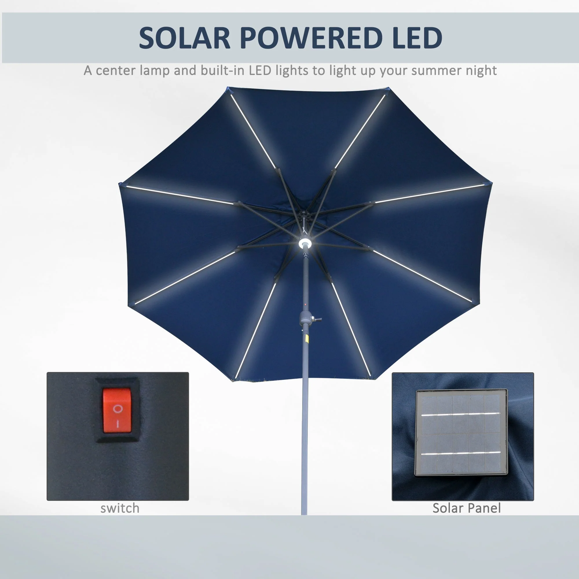2.7m Garden Parasol Sun Umbrella w/ LED Solar Light Angled Canopy Blue - Image 4