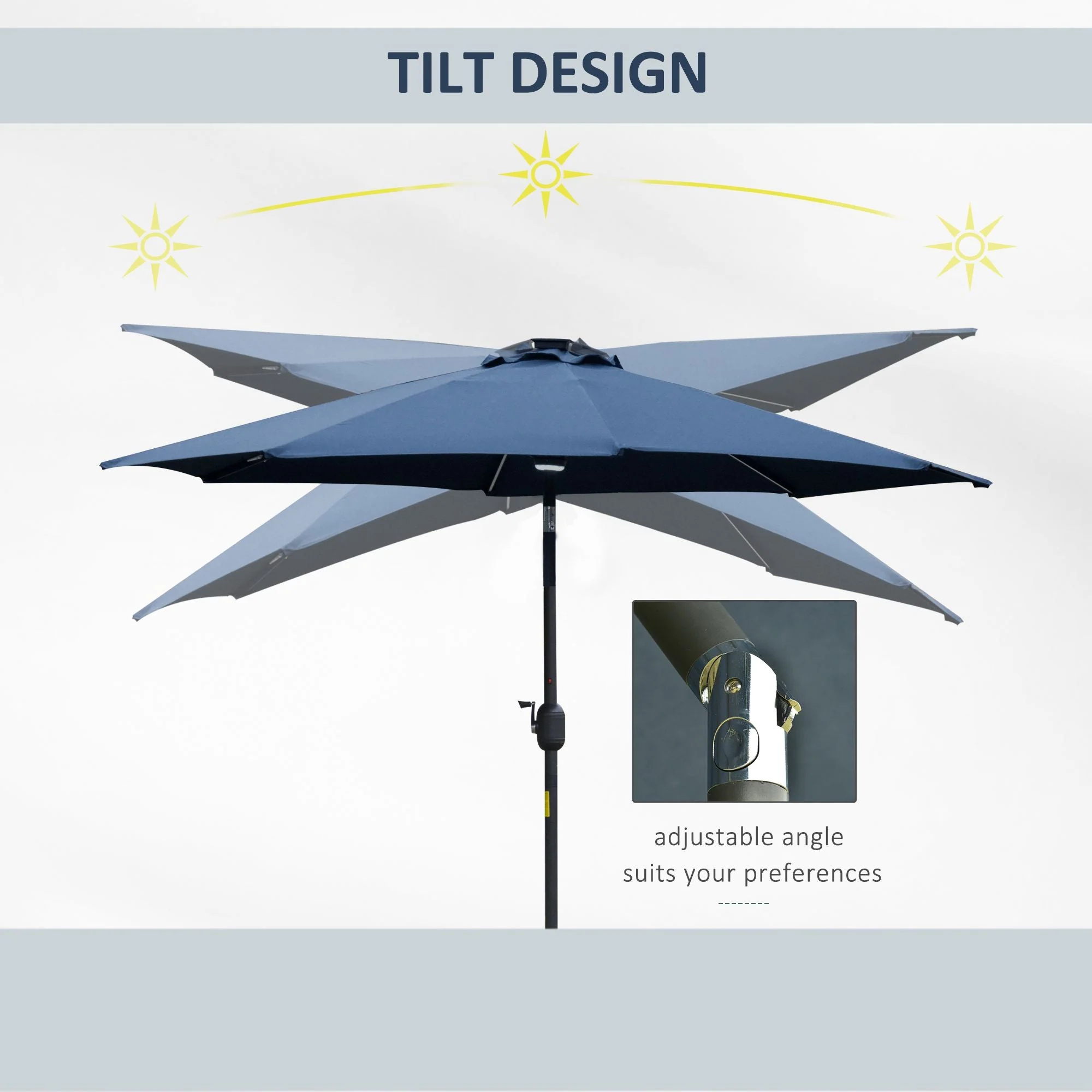 2.7m Garden Parasol Sun Umbrella w/ LED Solar Light Angled Canopy Blue - Image 5