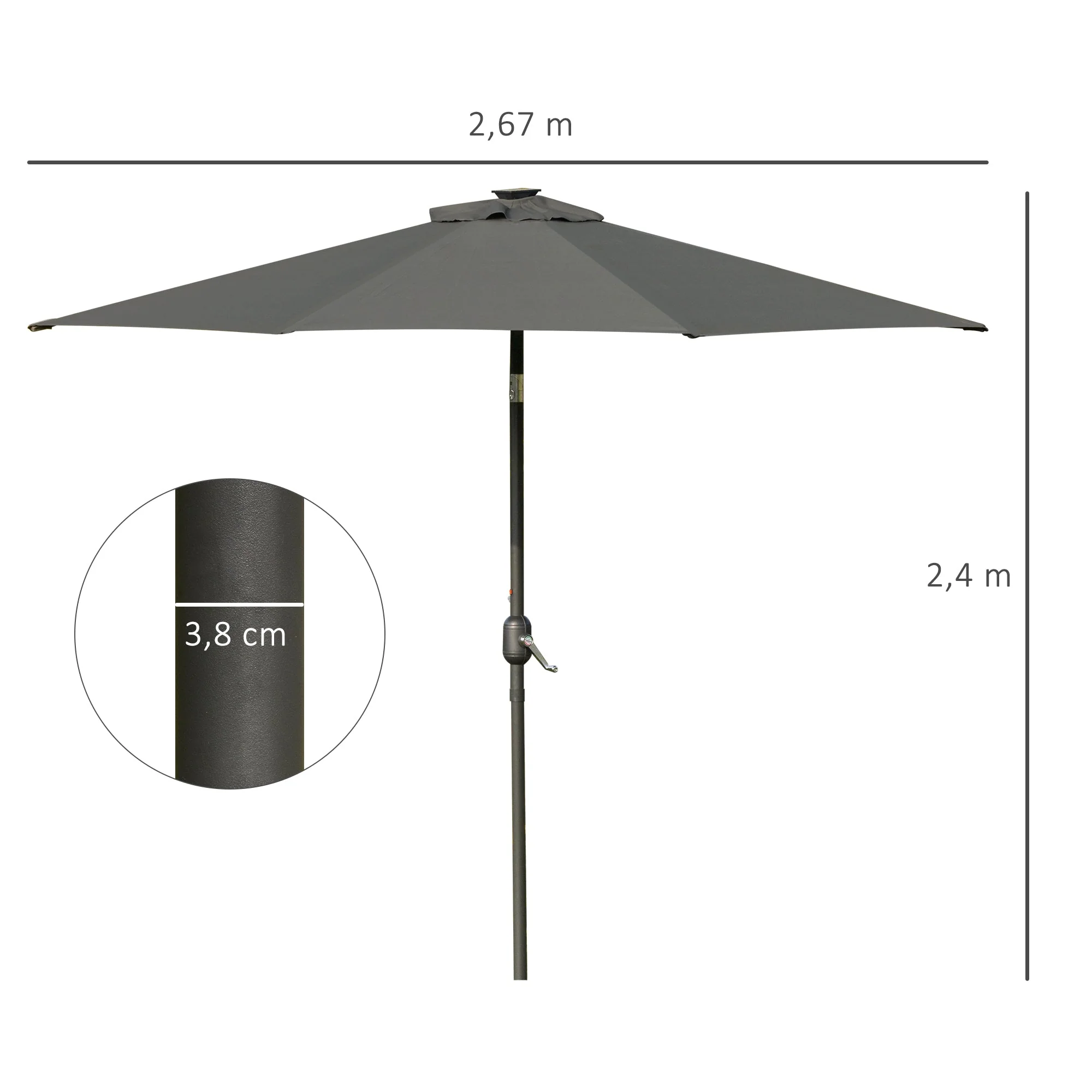 2.7m Patio LED Umbrella with Push Button Tilt/Crank 8 Rib Sun Shade Parasol - Image 3