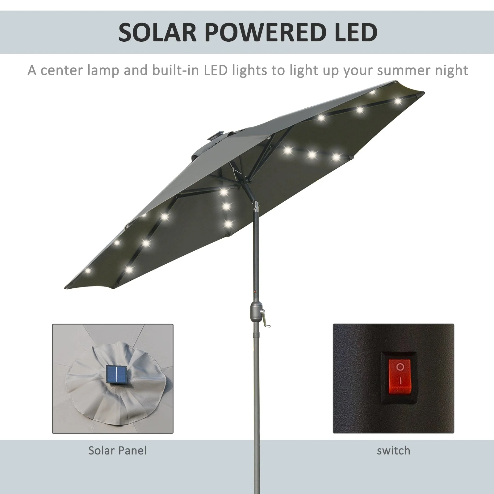 2.7m Patio LED Umbrella with Push Button Tilt/Crank 8 Rib Sun Shade Parasol - Image 4