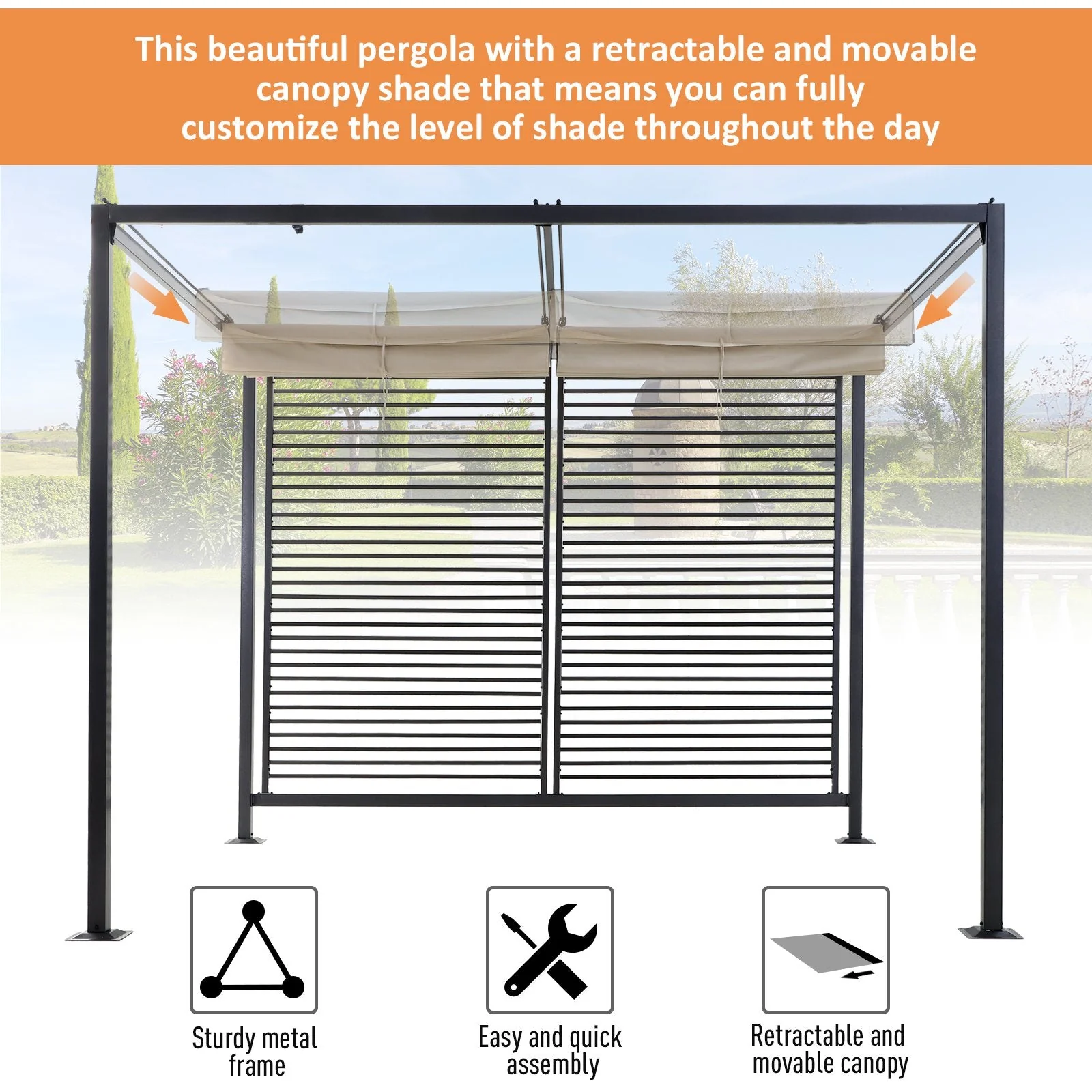 2.8 x 3M Metal Pergola Gazebo Patio Sun Shade Shelter Retractable Canopy Marquee Party BBQ Tent - Image 3