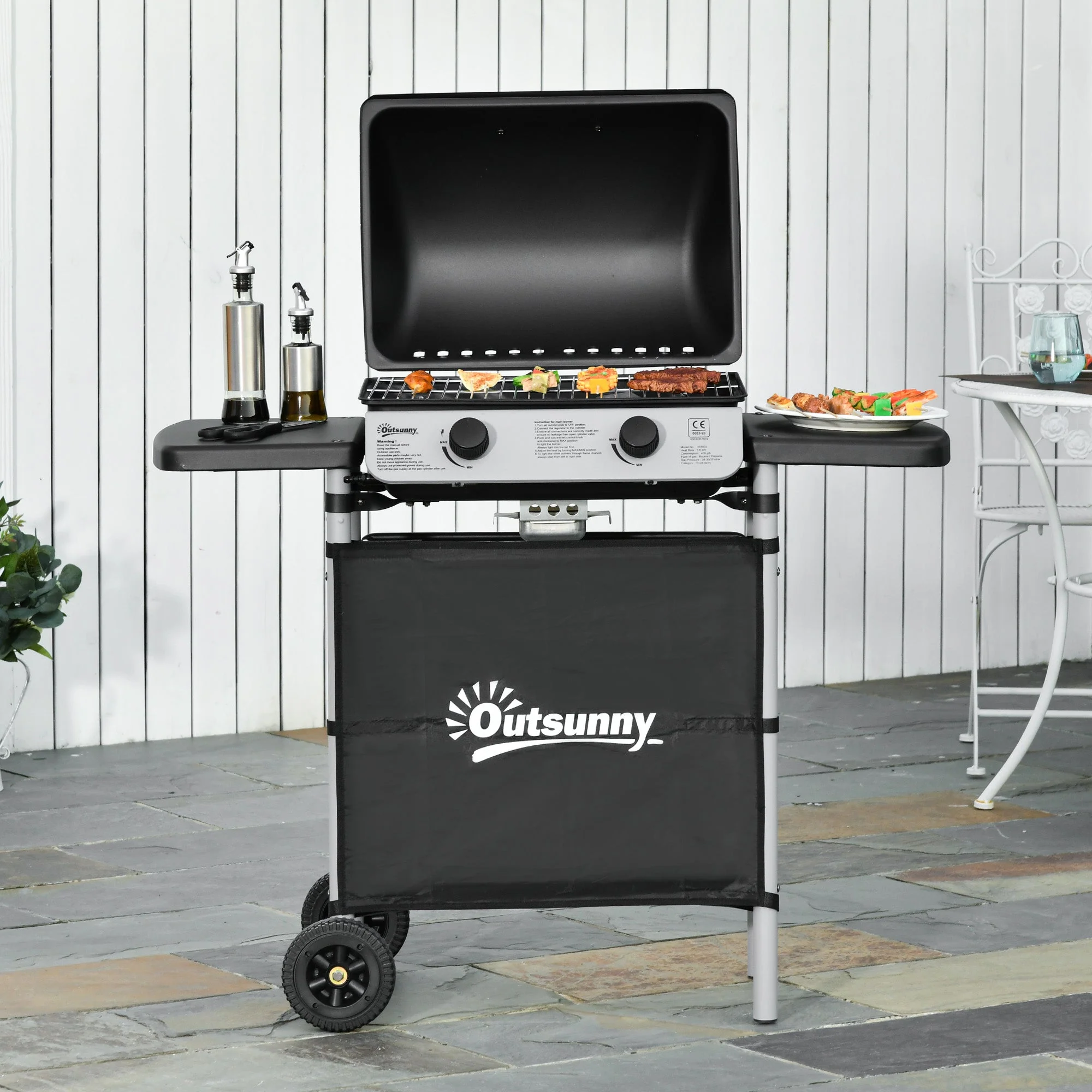 2 Burner Gas Barbecue Grill Propane Gas Cooking BBQ Grill 5.6 kW with Side Shelves Wheels - Image 2