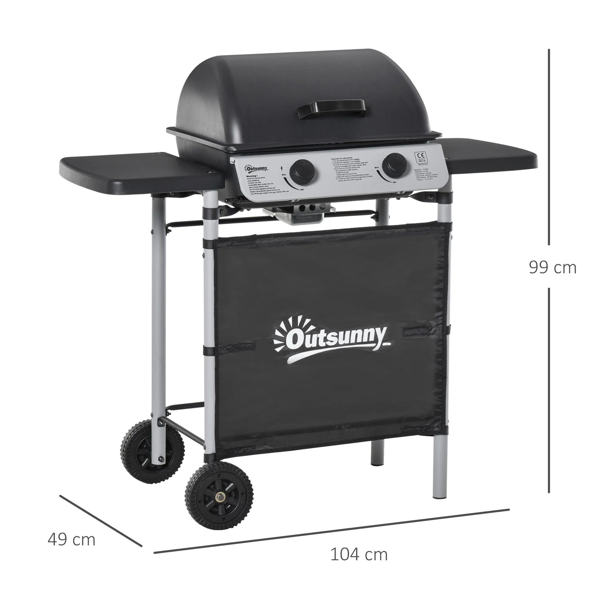 2 Burner Gas Barbecue Grill Propane Gas Cooking BBQ Grill 5.6 kW with Side Shelves Wheels - Image 3