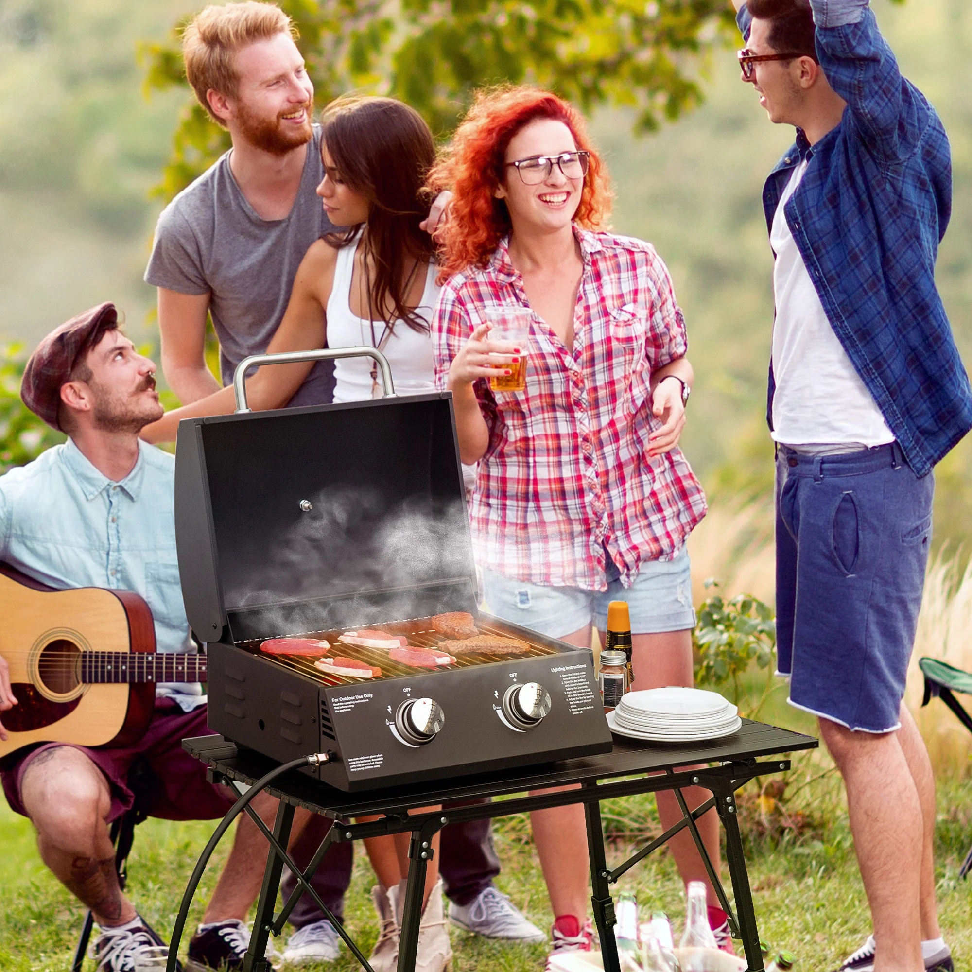2 Burner Gas BBQ Grill Outdoor Portable Folding Tabletop Barbecue w/ Lid - Image 2