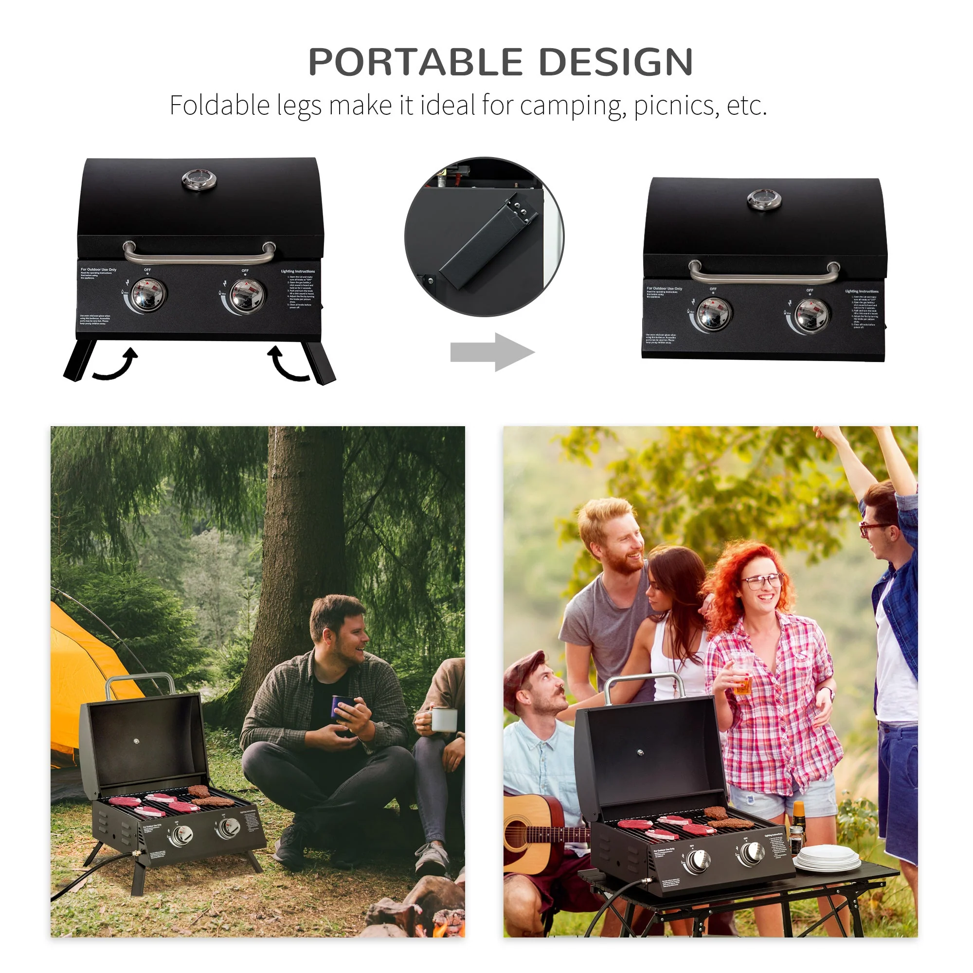 2 Burner Gas BBQ Grill Outdoor Portable Folding Tabletop Barbecue w/ Lid - Image 5