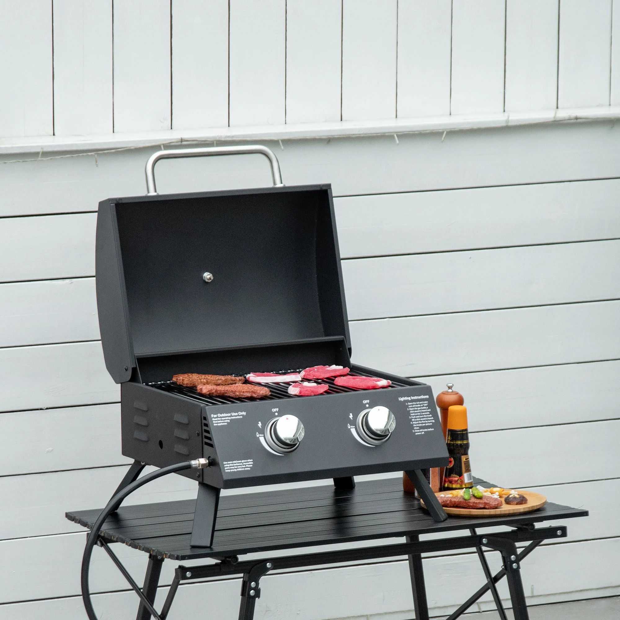 2 Burner Gas BBQ Grill Outdoor Portable Folding Tabletop Barbecue w/ Lid - Image 7