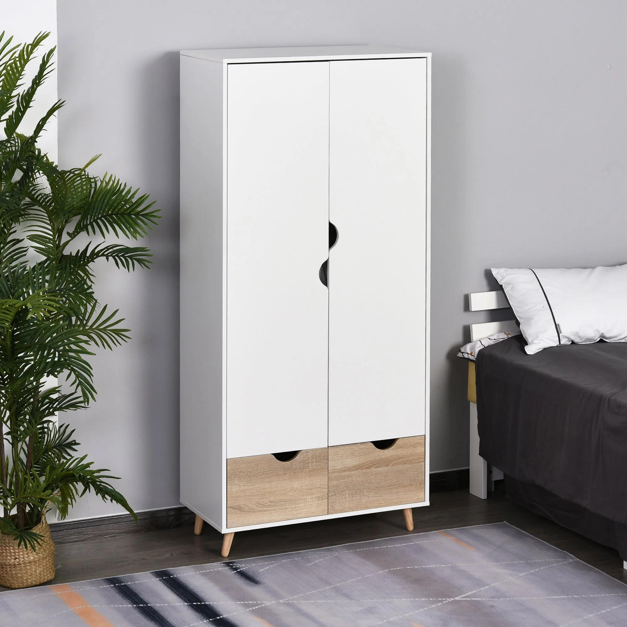 2-Door Clothes Wardrobe w/ Rail Shelf 2 Drawers Wood Feet Elegant Home Storage Organisation Furniture Dresses Coats Blankets Shoes White - Image 2