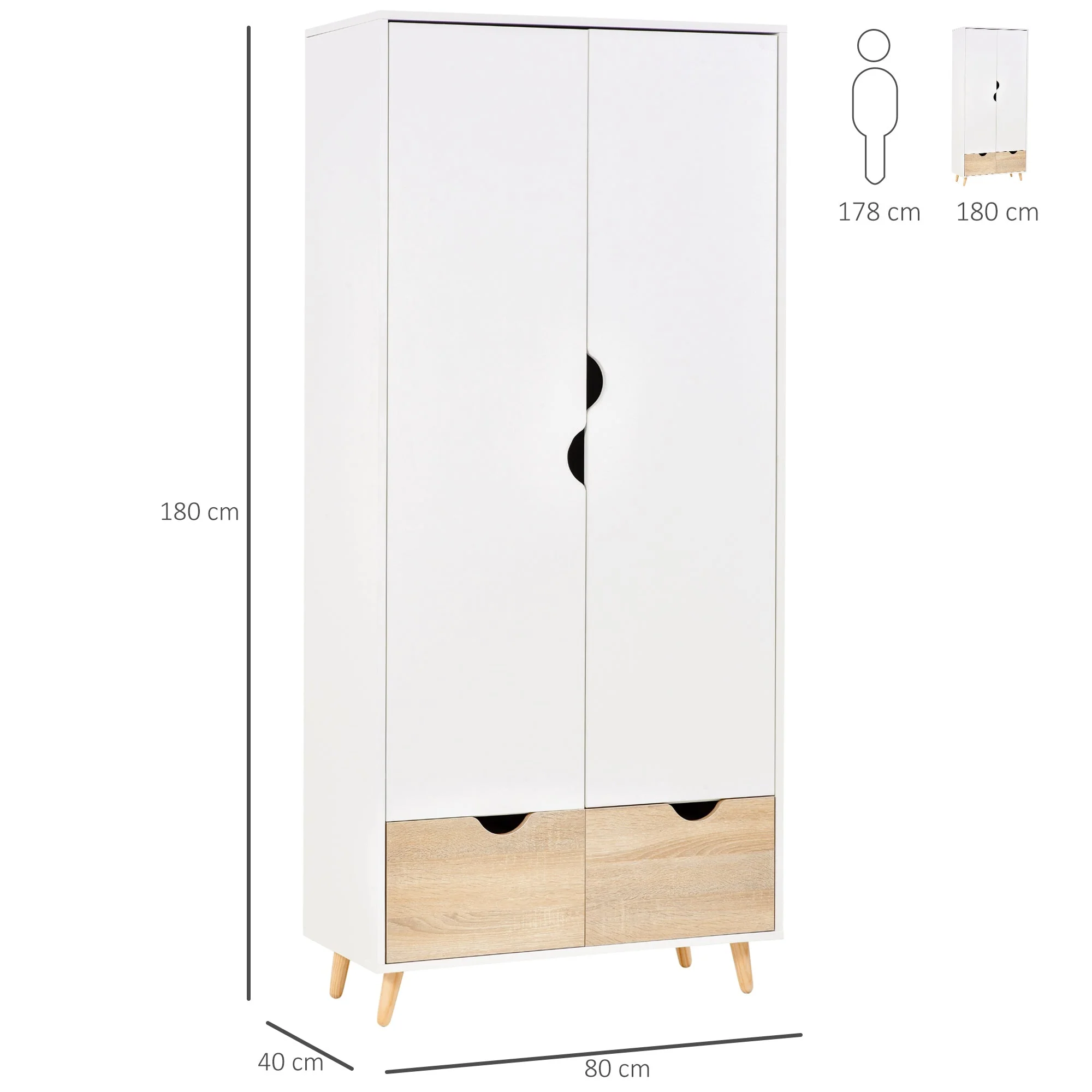 2-Door Clothes Wardrobe w/ Rail Shelf 2 Drawers Wood Feet Elegant Home Storage Organisation Furniture Dresses Coats Blankets Shoes White - Image 3
