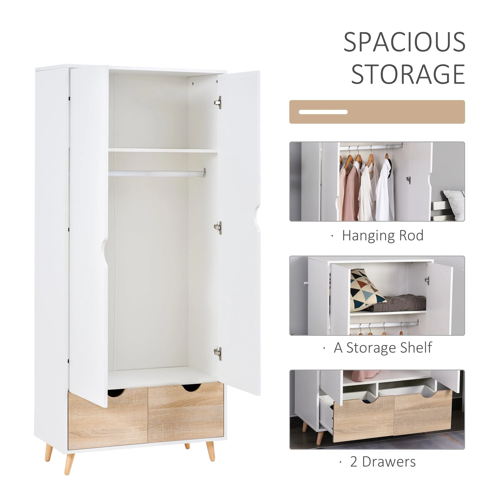 2-Door Clothes Wardrobe w/ Rail Shelf 2 Drawers Wood Feet Elegant Home Storage Organisation Furniture Dresses Coats Blankets Shoes White - Image 5