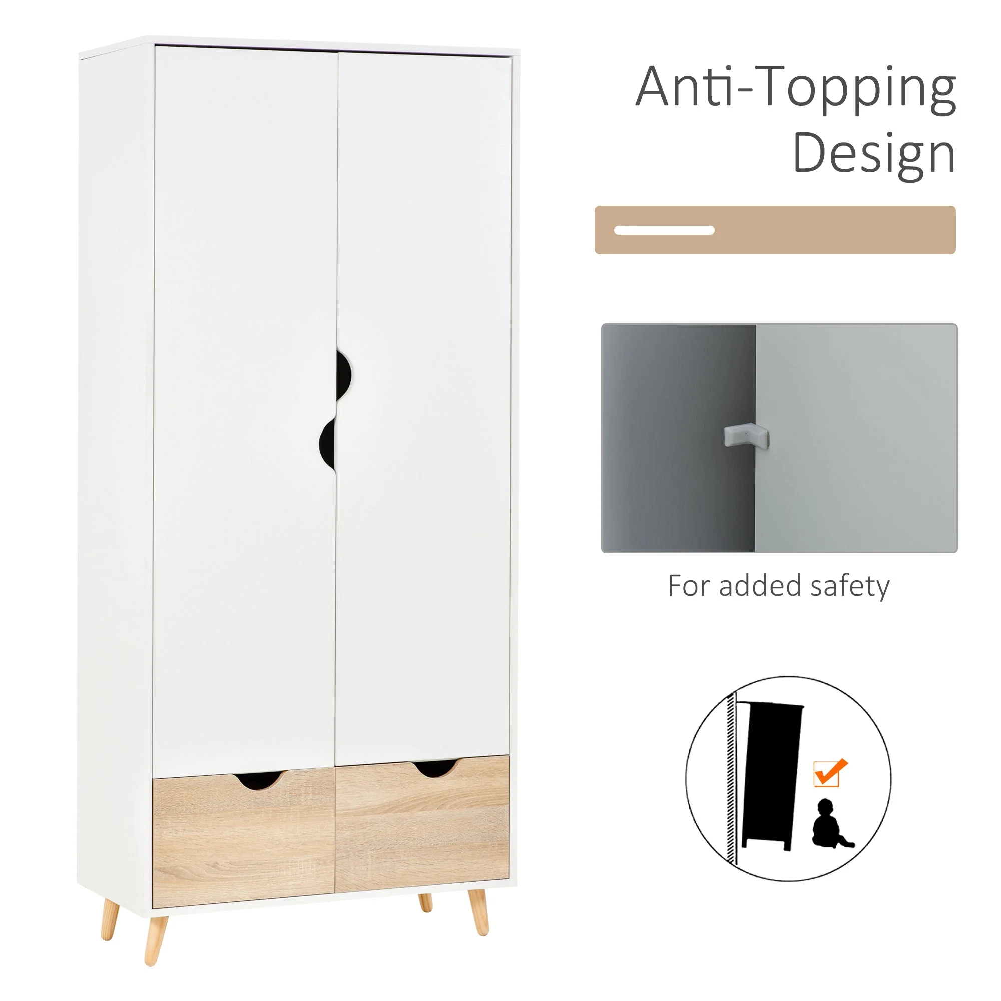 2-Door Clothes Wardrobe w/ Rail Shelf 2 Drawers Wood Feet Elegant Home Storage Organisation Furniture Dresses Coats Blankets Shoes White - Image 6