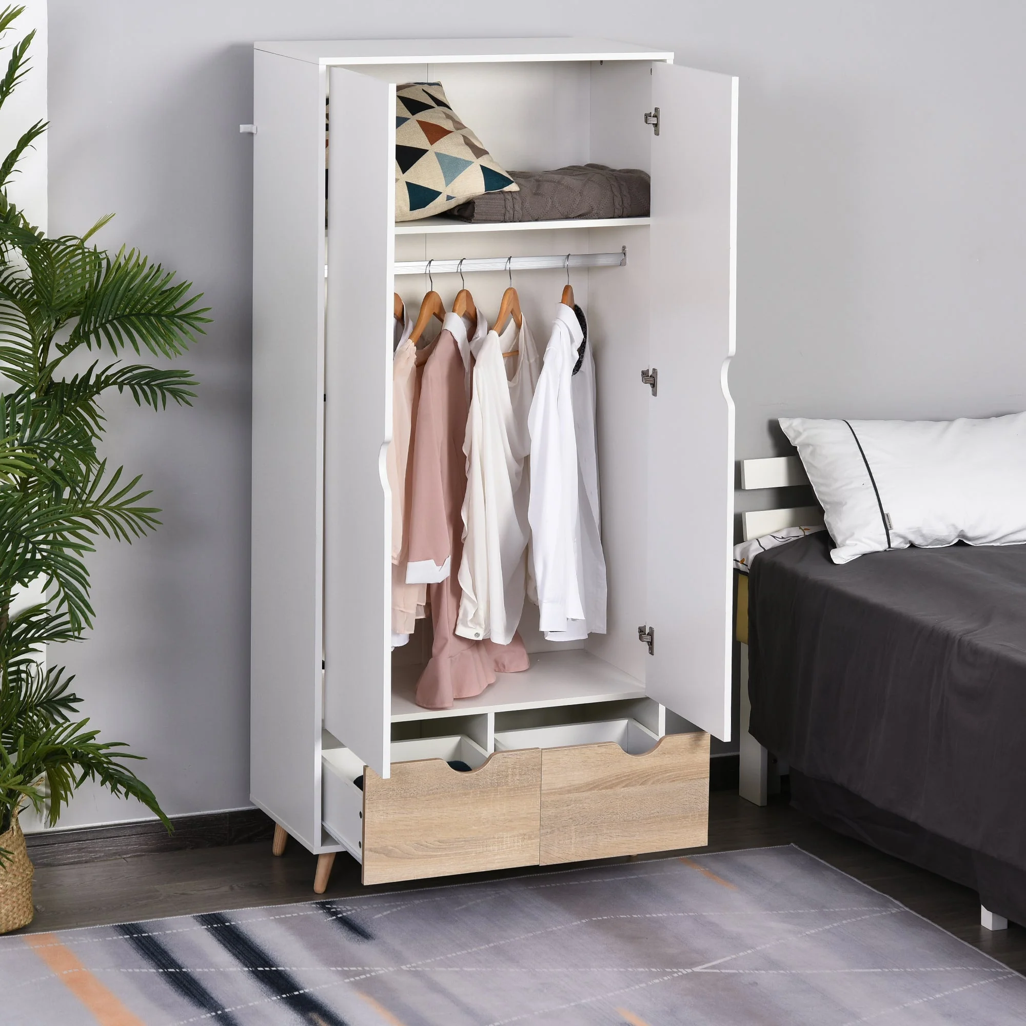 2-Door Clothes Wardrobe w/ Rail Shelf 2 Drawers Wood Feet Elegant Home Storage Organisation Furniture Dresses Coats Blankets Shoes White - Image 9