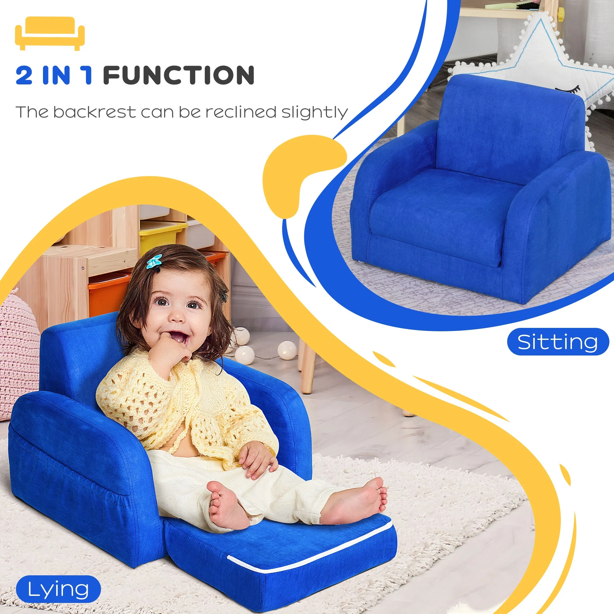 2 In 1 Kids Children Sofa Chair Bed Folding Couch Soft Flannel Foam Toddler Furniture for 3-4 years old Playroom Bedroom Living Room - Image 5