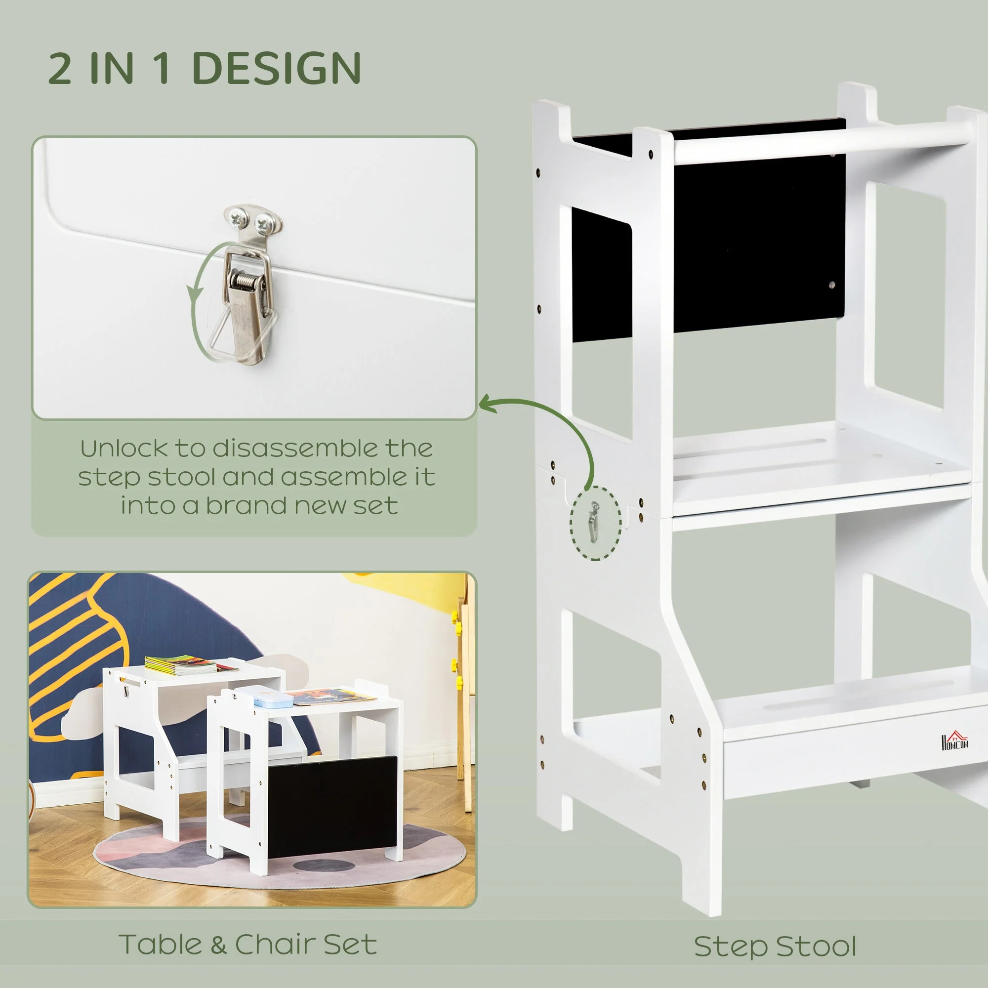 2 in 1 Kids Kitchen Step Stool with Safety Rail Toddler Steps with Chalkboard for Kitchen Bathroom - Image 4