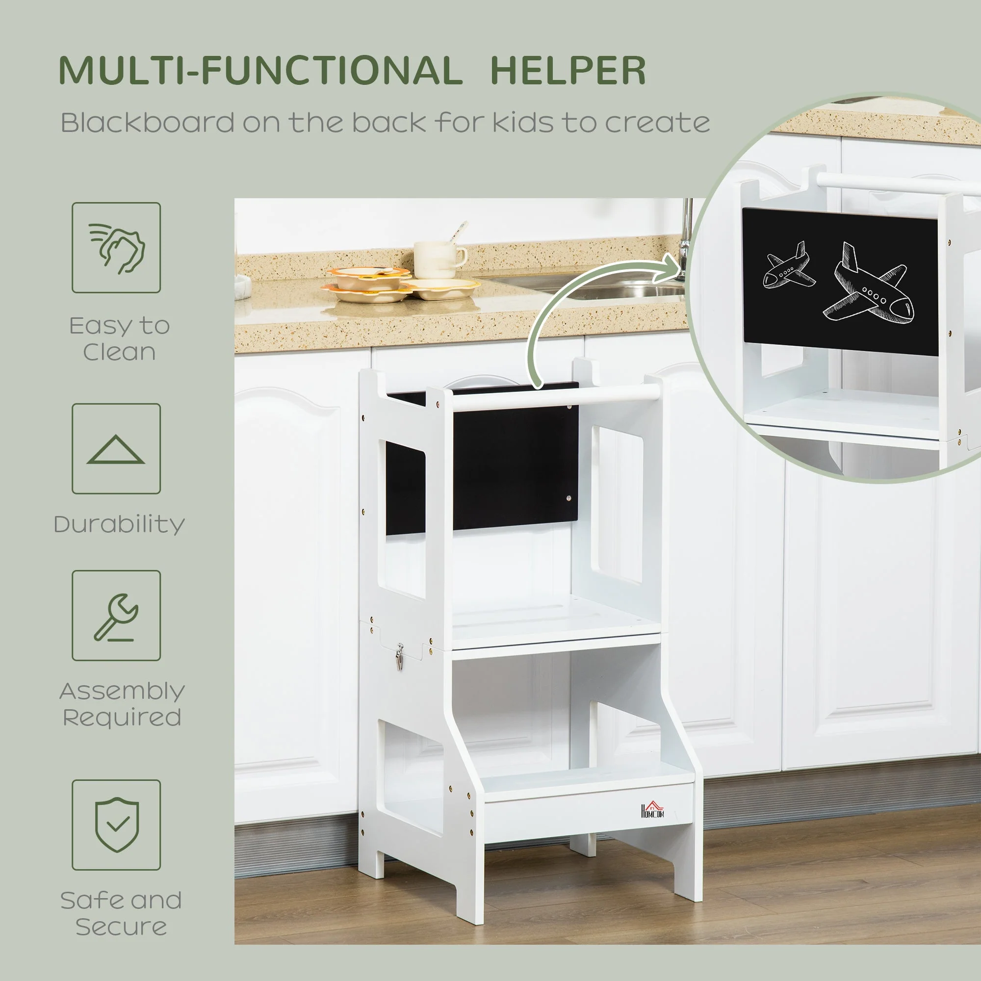 2 in 1 Kids Kitchen Step Stool with Safety Rail Toddler Steps with Chalkboard for Kitchen Bathroom - Image 6