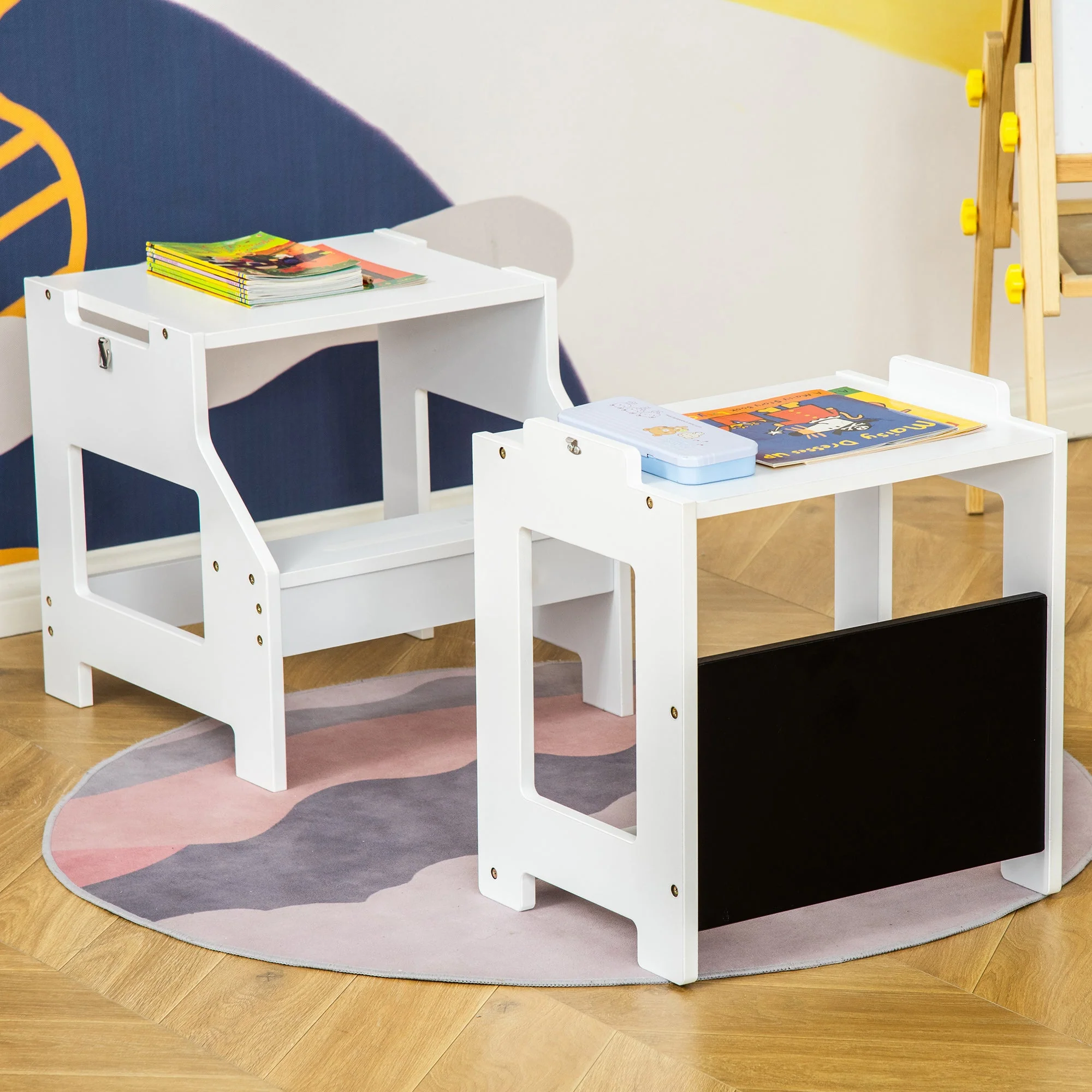 2 in 1 Kids Kitchen Step Stool with Safety Rail Toddler Steps with Chalkboard for Kitchen Bathroom - Image 9