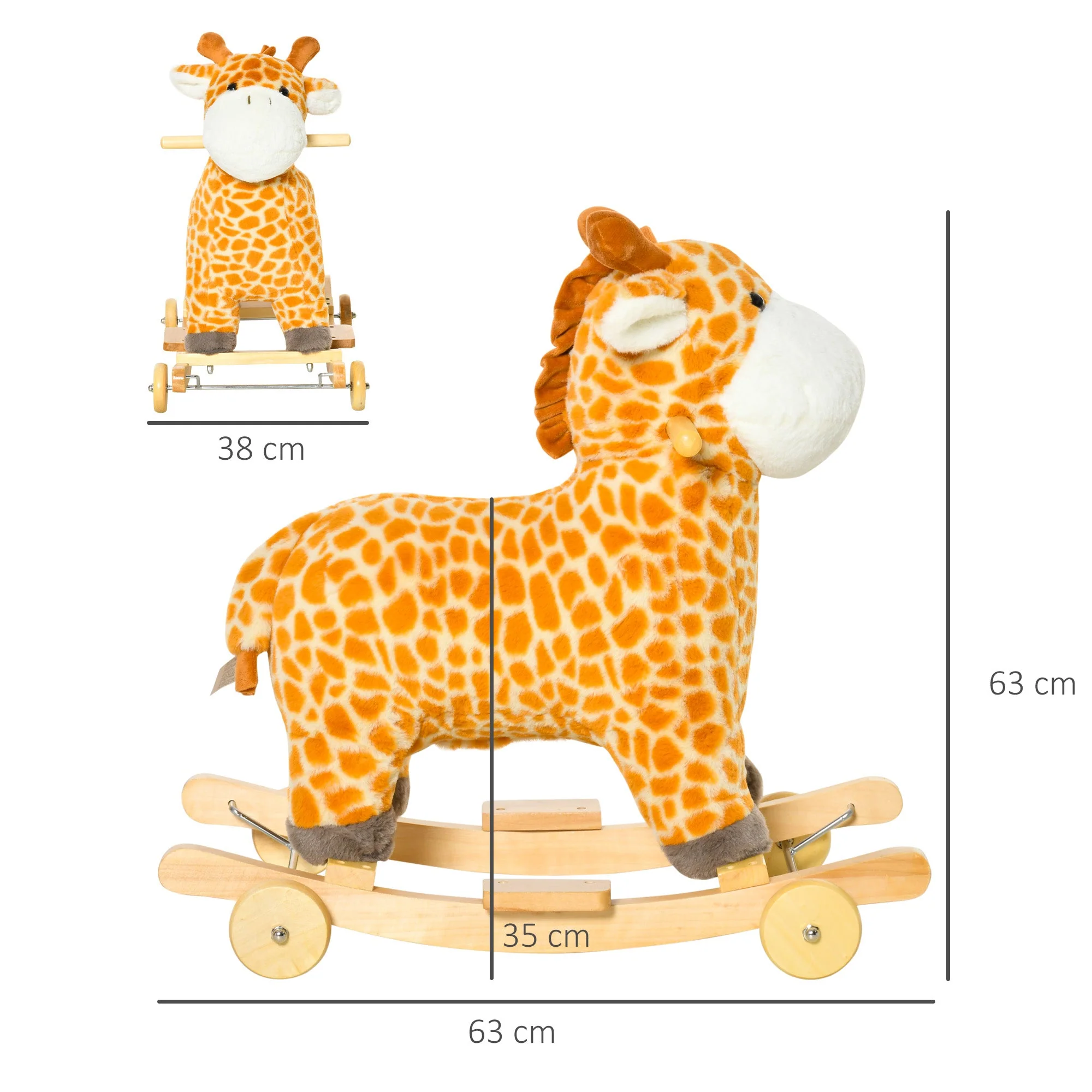 2 In 1 Kids Todder Rocking Horse Plush Ride On Giraffe Rocker with Wheels Wooden Base Animal Sounds for 36-72 Months - Image 3